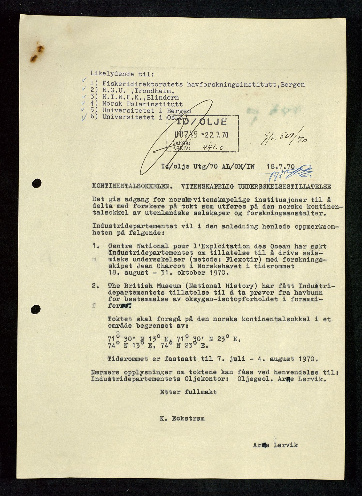 Industridepartementet, Oljekontoret, SAST/A-101348/Da/L0004: Arkivnøkkel 711 - 712 Utvinningstillatelser, 1970-1971, p. 400