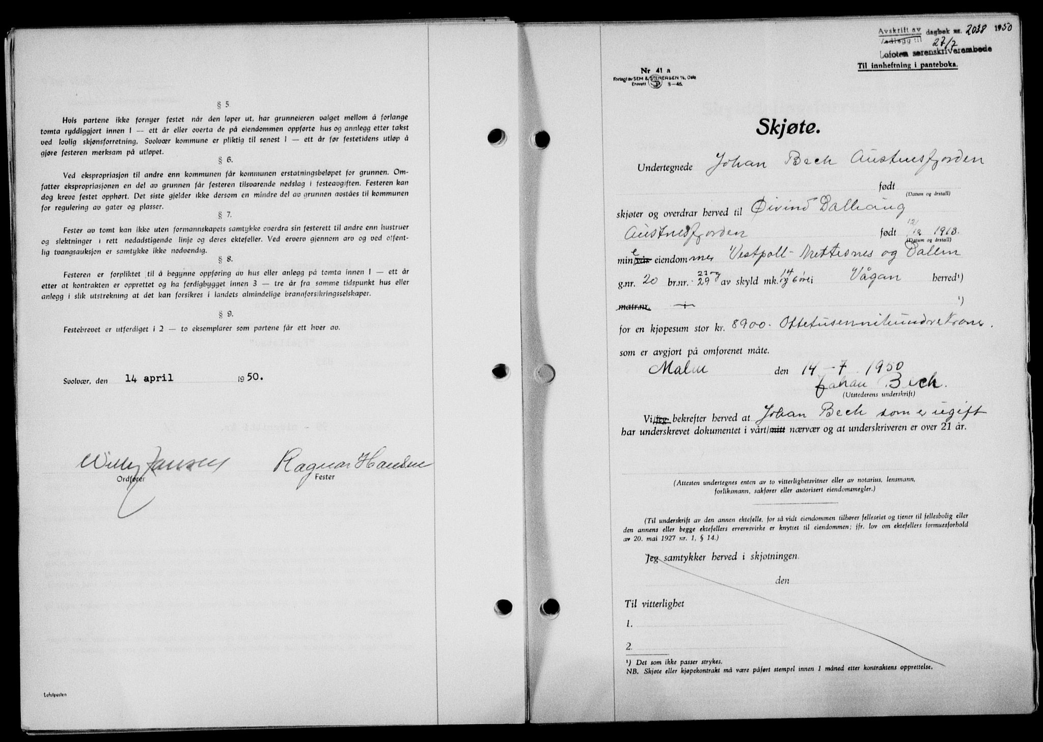 Lofoten sorenskriveri, SAT/A-0017/1/2/2C/L0024a: Mortgage book no. 24a, 1950-1950, Diary no: : 2038/1950