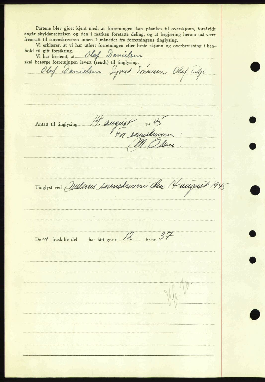 Nedenes sorenskriveri, AV/SAK-1221-0006/G/Gb/Gba/L0052: Mortgage book no. A6a, 1944-1945, Diary no: : 592/1945