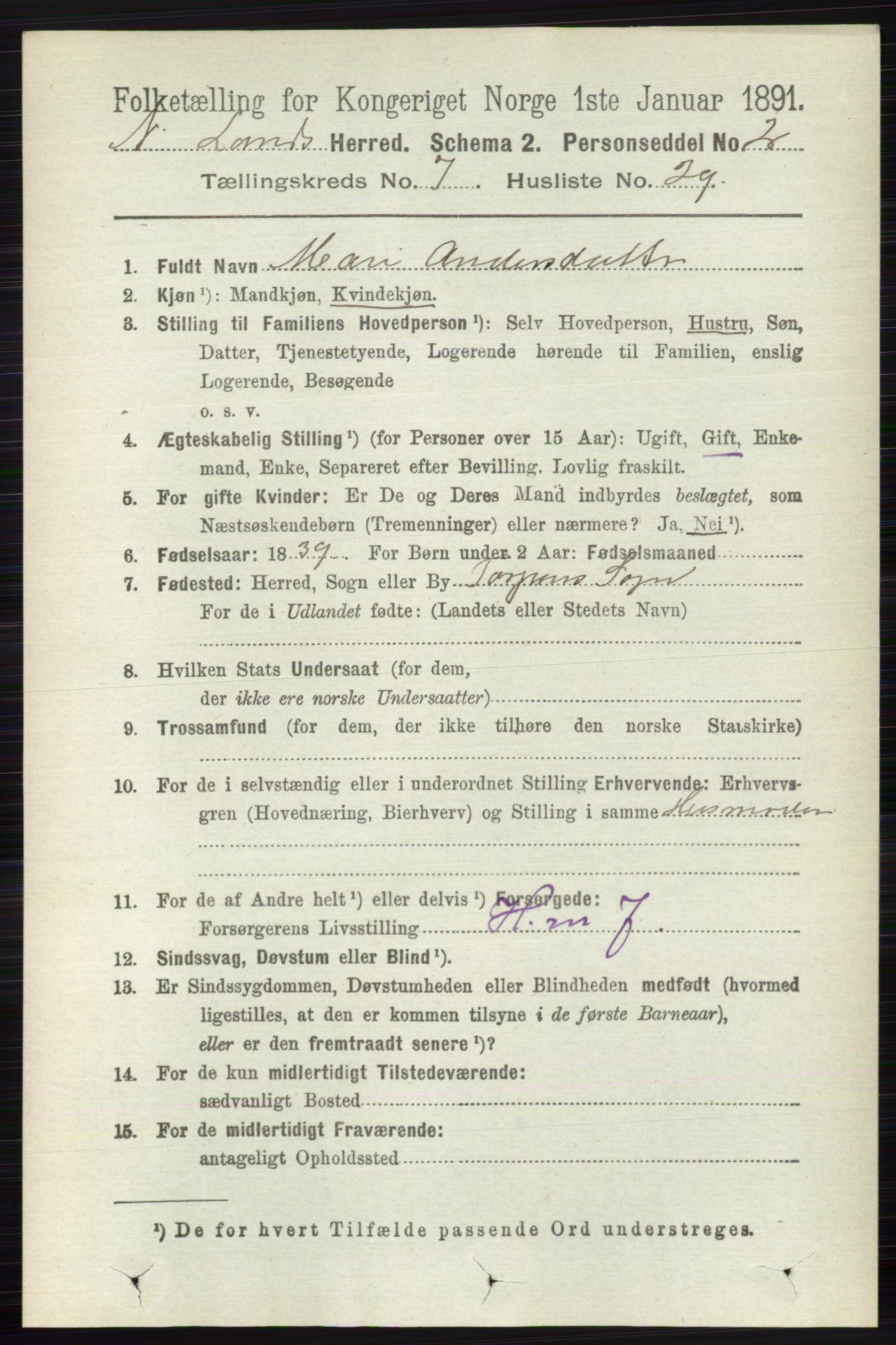 RA, 1891 census for 0538 Nordre Land, 1891, p. 2091