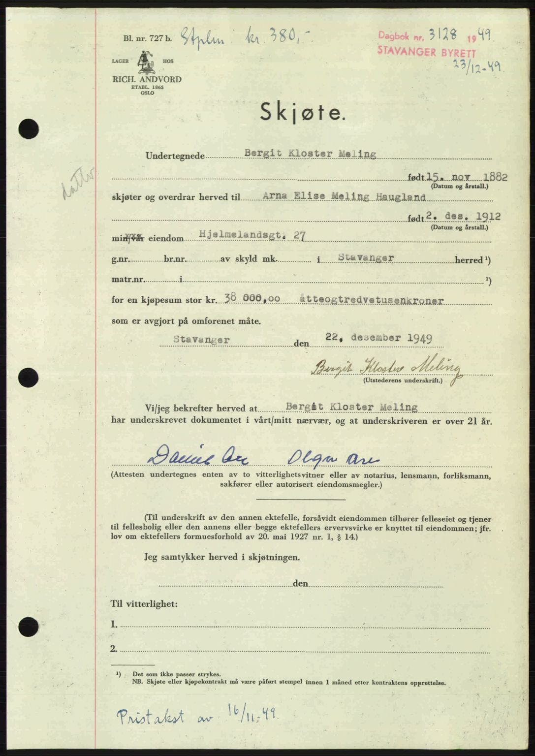 Stavanger byrett, SAST/A-100455/002/G/Gb/L0024: Mortgage book no. A13, 1949-1950, Diary no: : 3128/1949