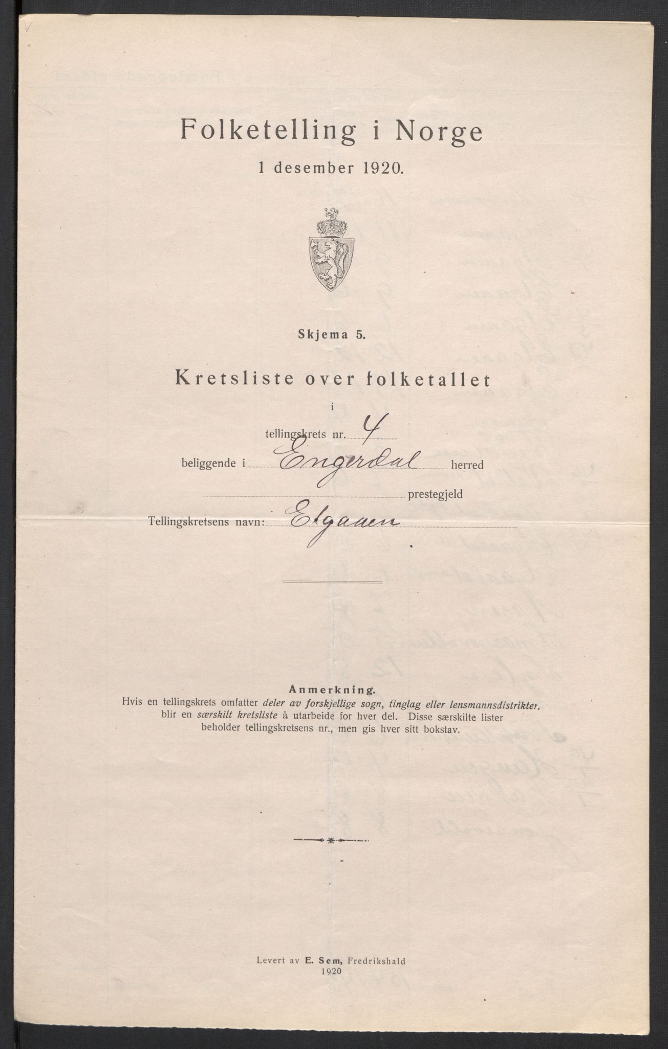 SAH, 1920 census for Engerdal, 1920, p. 15