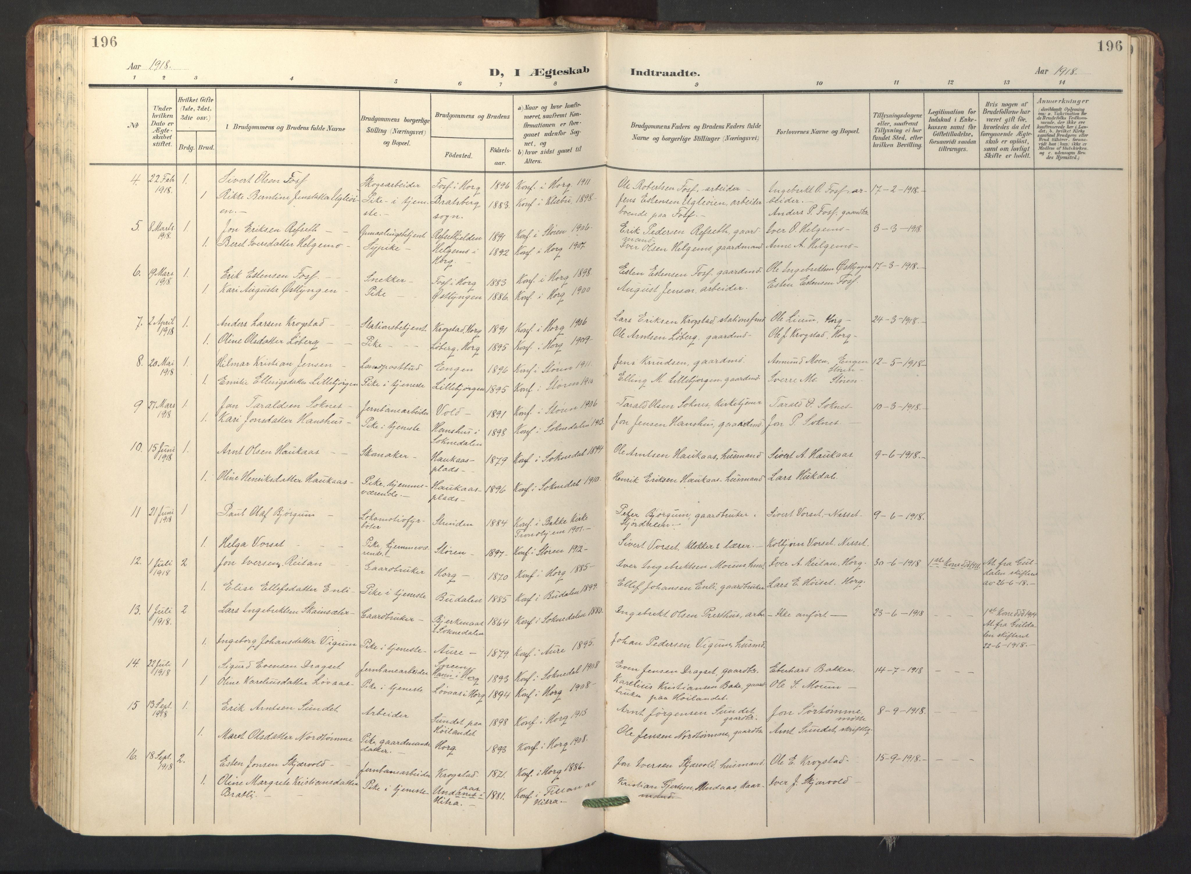 Ministerialprotokoller, klokkerbøker og fødselsregistre - Sør-Trøndelag, SAT/A-1456/687/L1019: Parish register (copy) no. 687C03, 1904-1931, p. 196