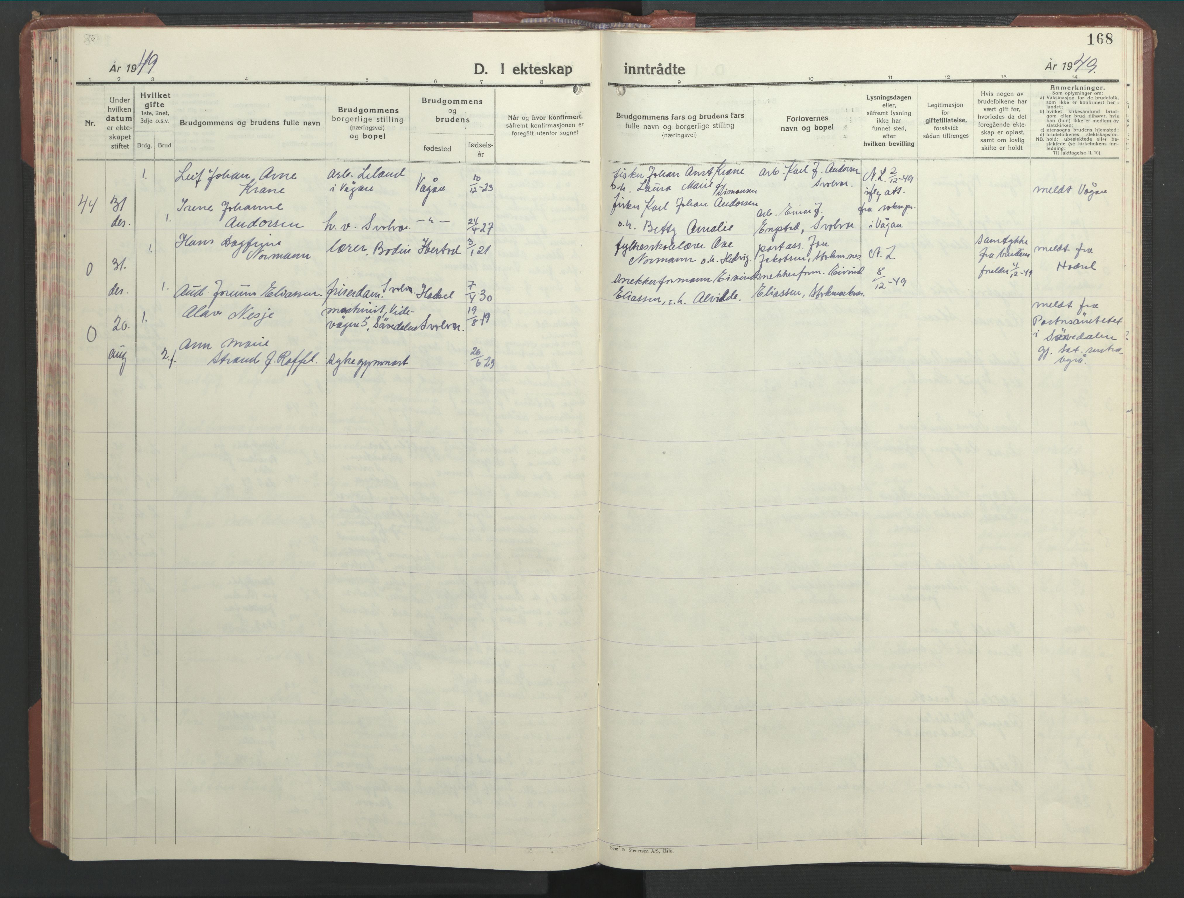 Ministerialprotokoller, klokkerbøker og fødselsregistre - Nordland, AV/SAT-A-1459/877/L1118: Parish register (copy) no. 877C02, 1939-1950, p. 168