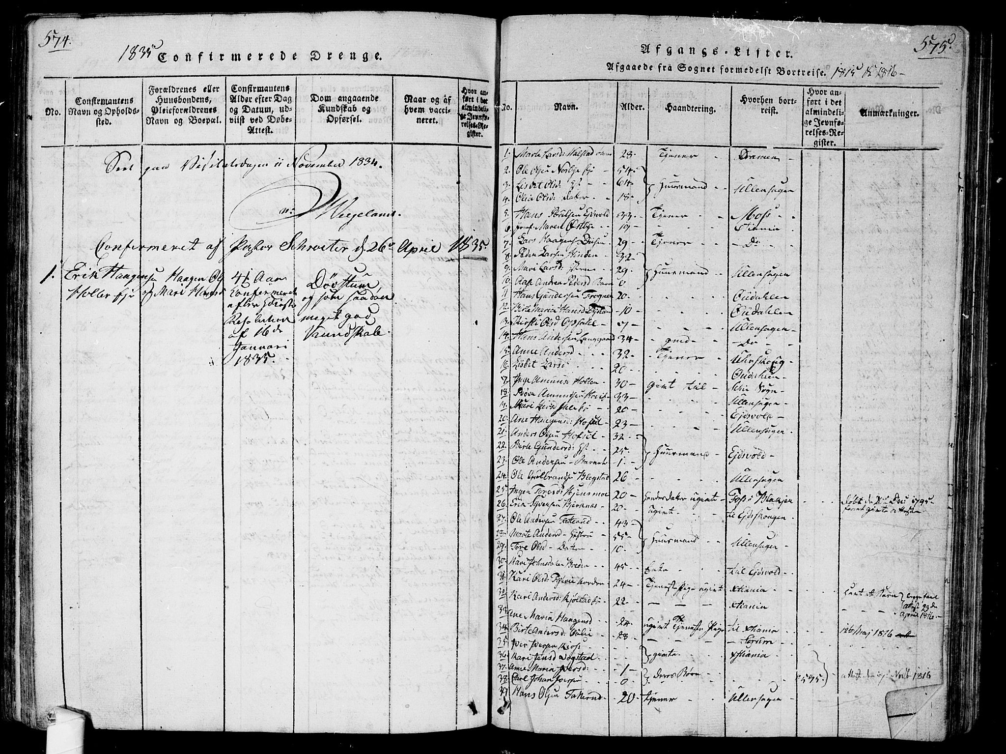 Nes prestekontor Kirkebøker, AV/SAO-A-10410/G/Ga/L0001: Parish register (copy) no. I 1, 1815-1835, p. 574-575