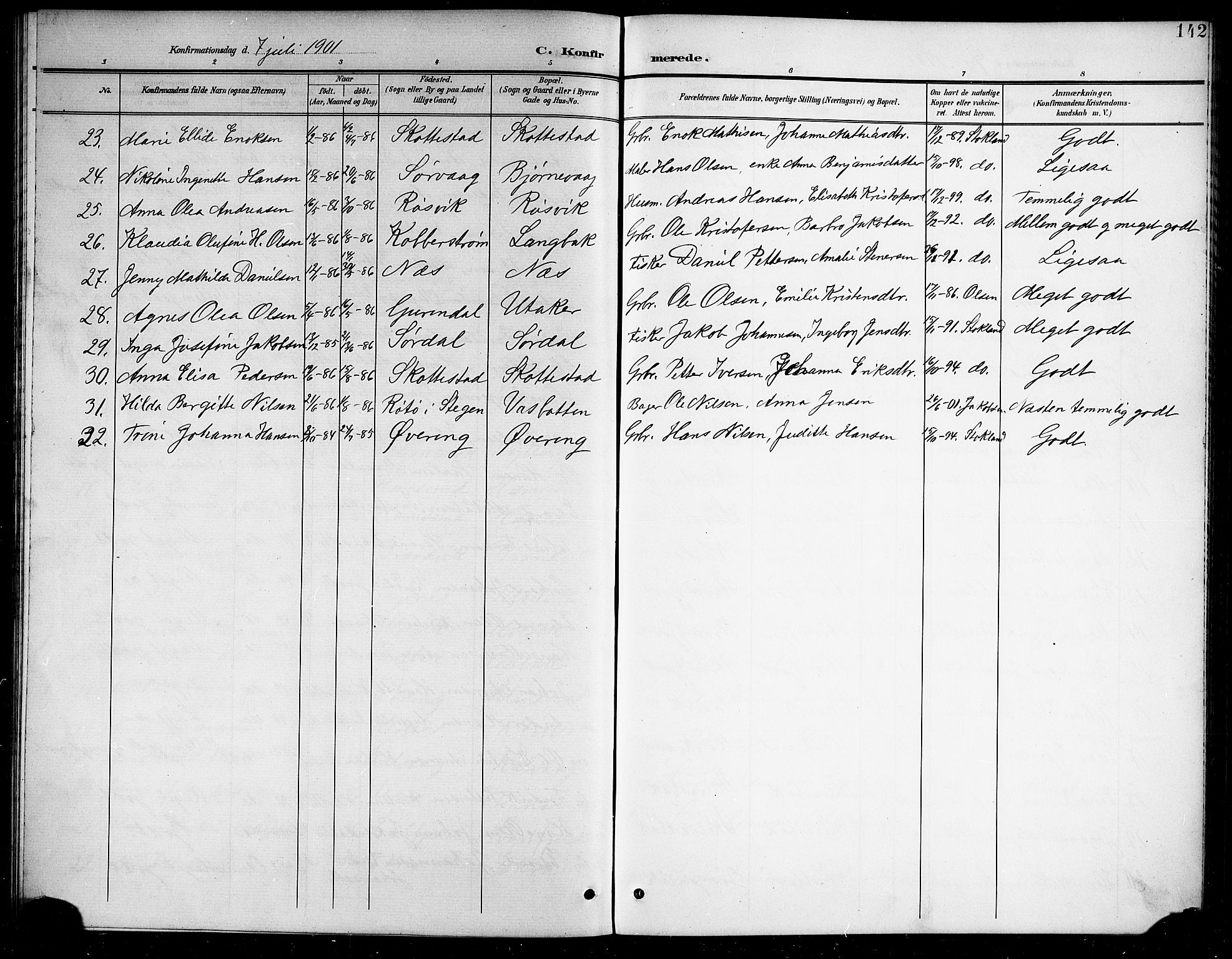 Ministerialprotokoller, klokkerbøker og fødselsregistre - Nordland, AV/SAT-A-1459/859/L0860: Parish register (copy) no. 859C06, 1899-1909, p. 142