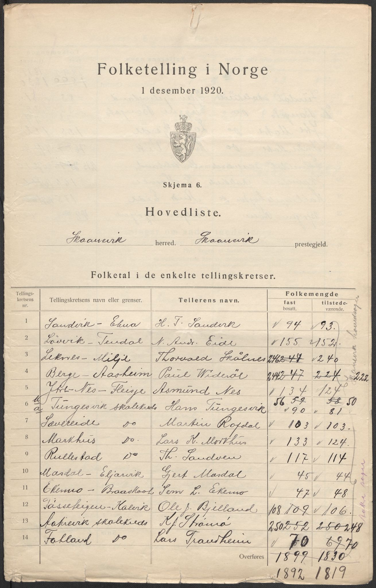 SAB, 1920 census for Skånevik, 1920, p. 3