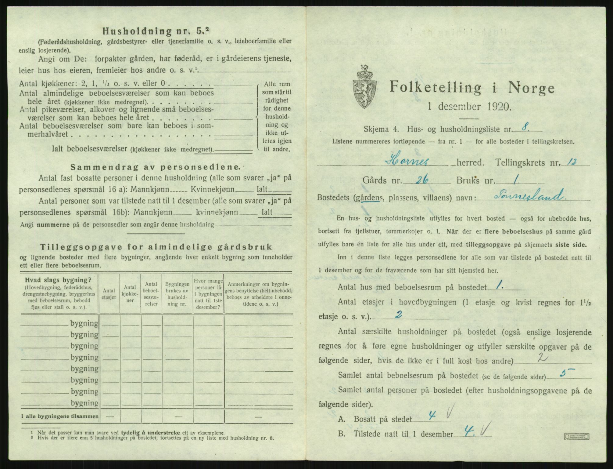 SAK, 1920 census for Hornnes, 1920, p. 487