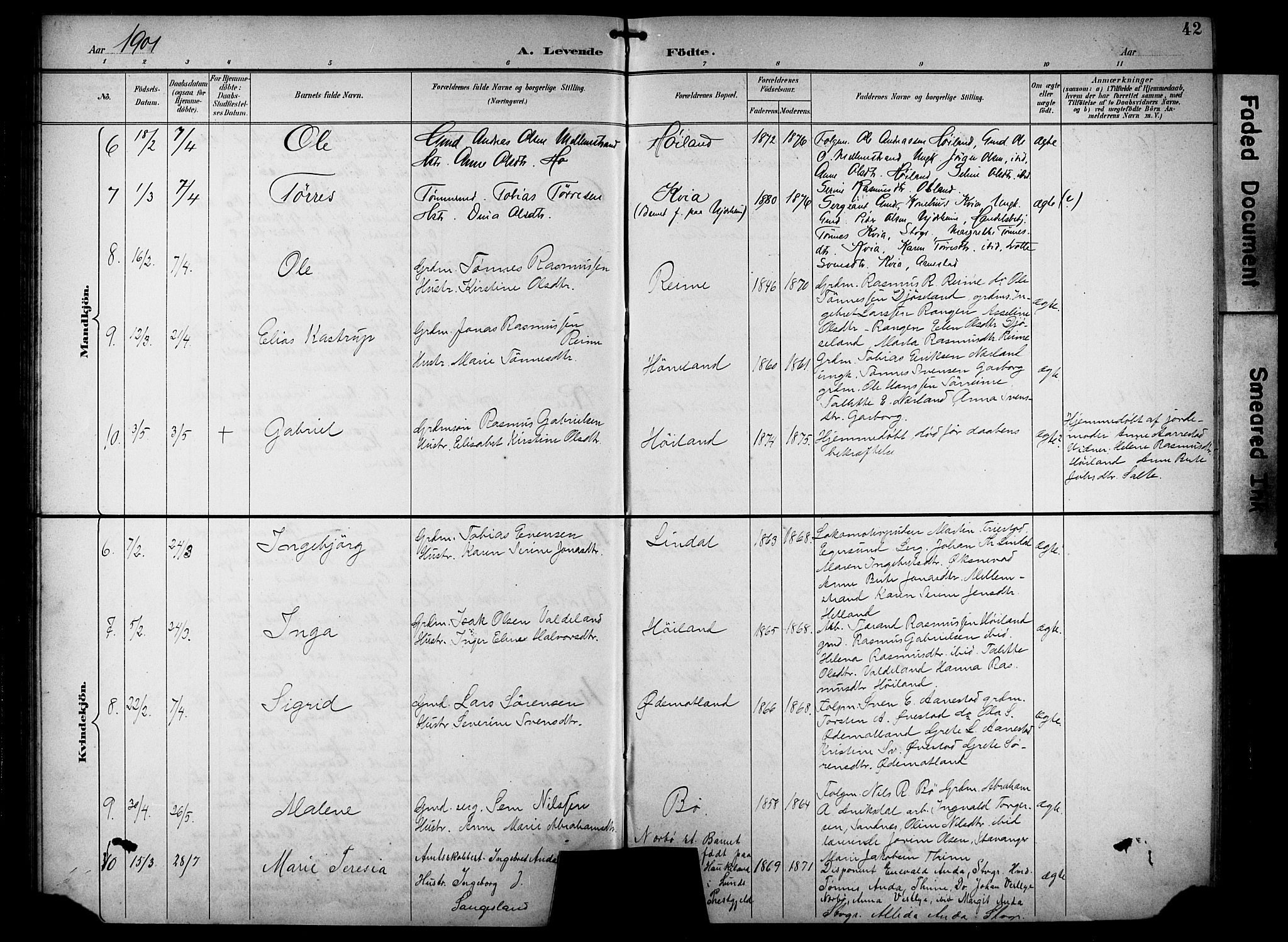 Hå sokneprestkontor, AV/SAST-A-101801/001/30BB/L0005: Parish register (copy) no. B 5, 1894-1912, p. 42