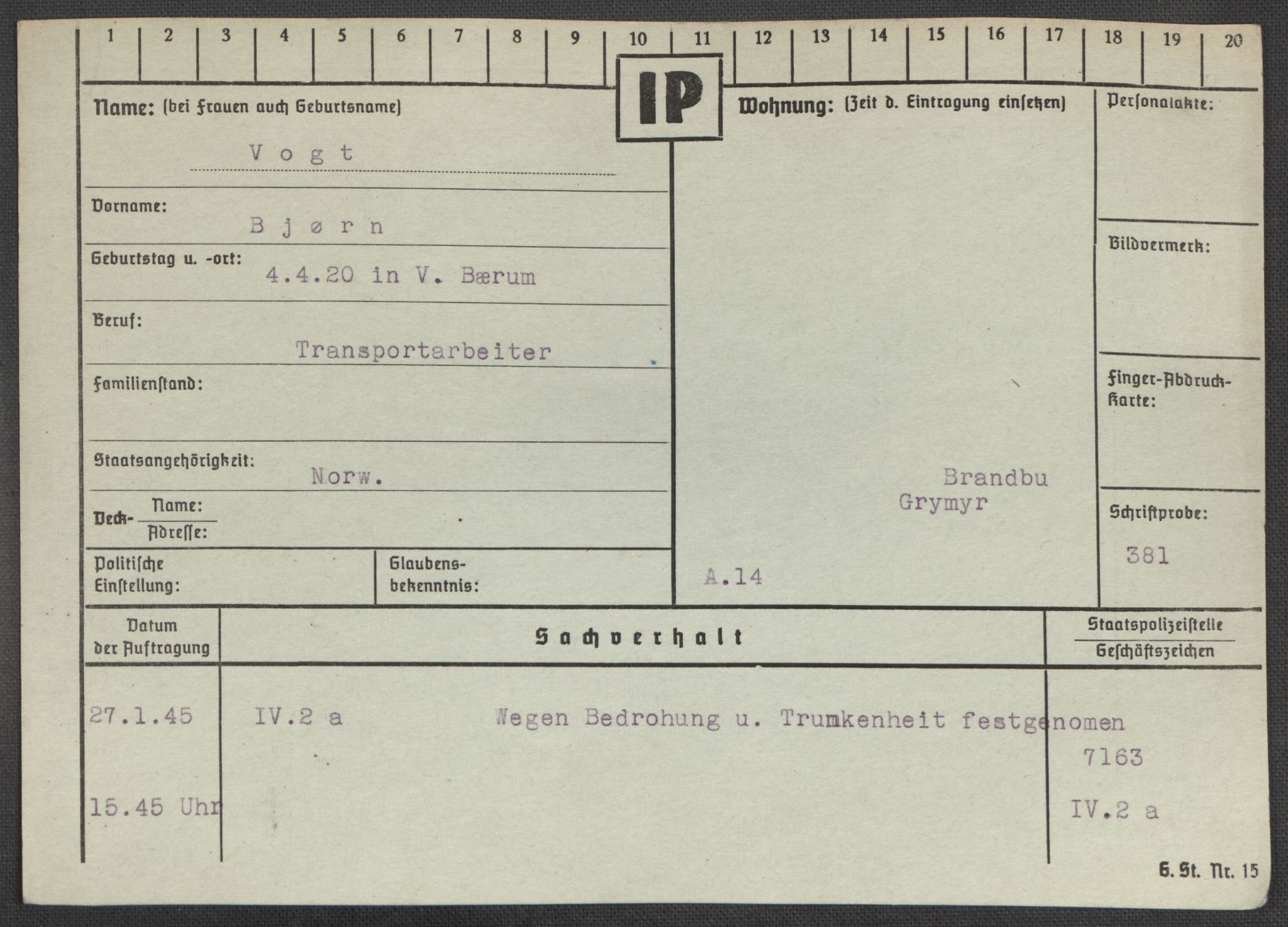 Befehlshaber der Sicherheitspolizei und des SD, RA/RAFA-5969/E/Ea/Eaa/L0010: Register over norske fanger i Møllergata 19: Sø-Å, 1940-1945, p. 788