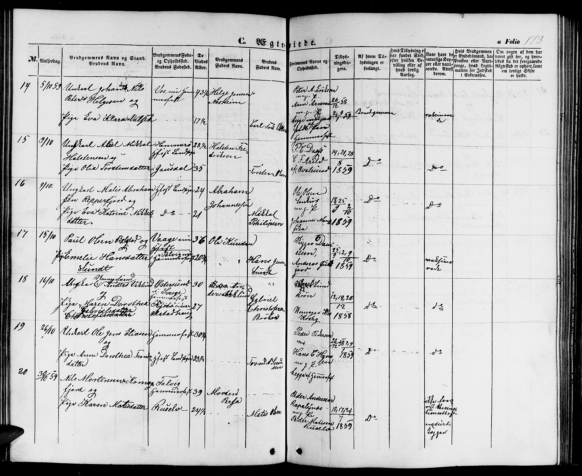 Hammerfest sokneprestkontor, AV/SATØ-S-1347/H/Hb/L0002.klokk: Parish register (copy) no. 2, 1851-1861, p. 173