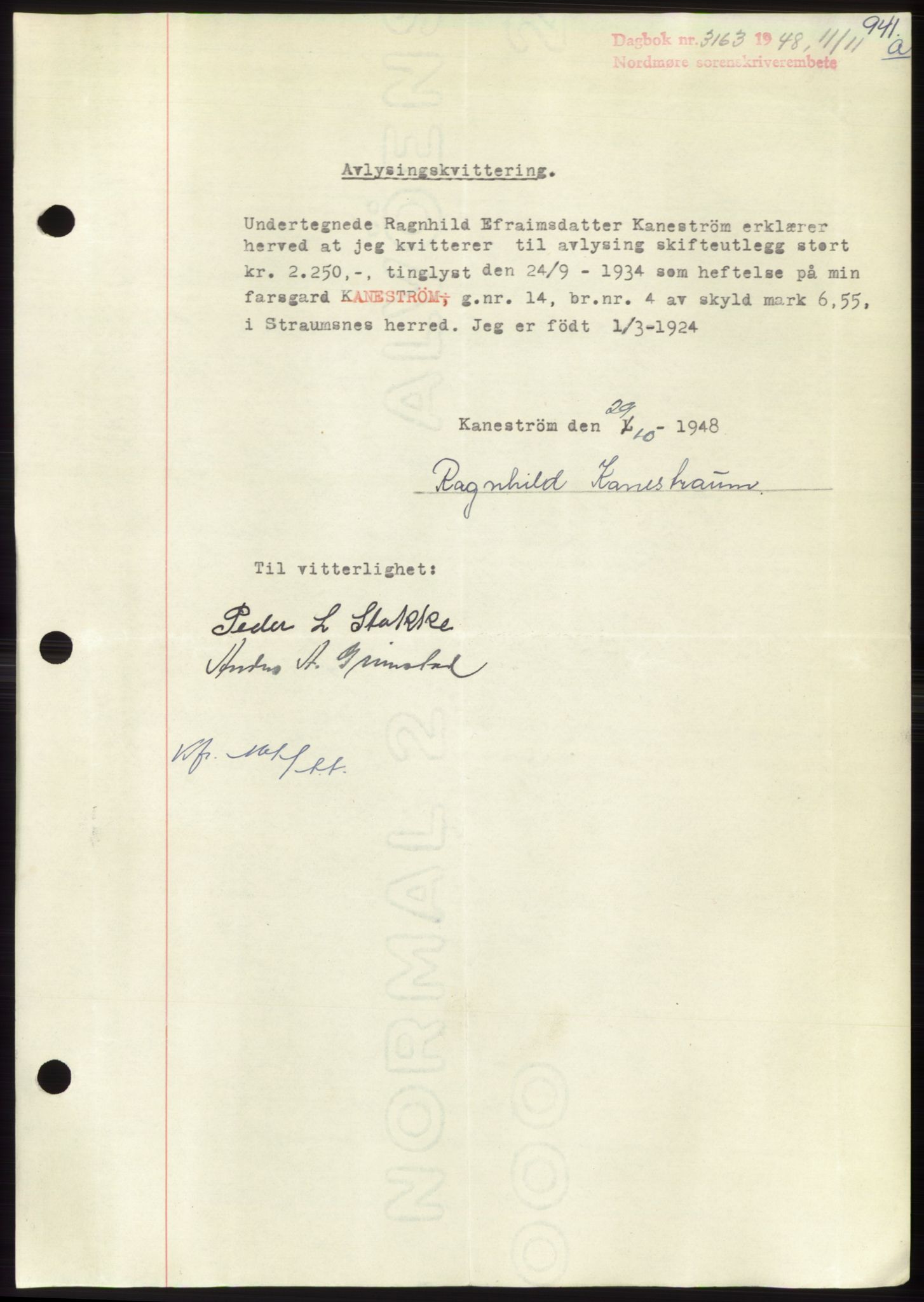 Nordmøre sorenskriveri, AV/SAT-A-4132/1/2/2Ca: Mortgage book no. B99, 1948-1948, Diary no: : 3163/1948