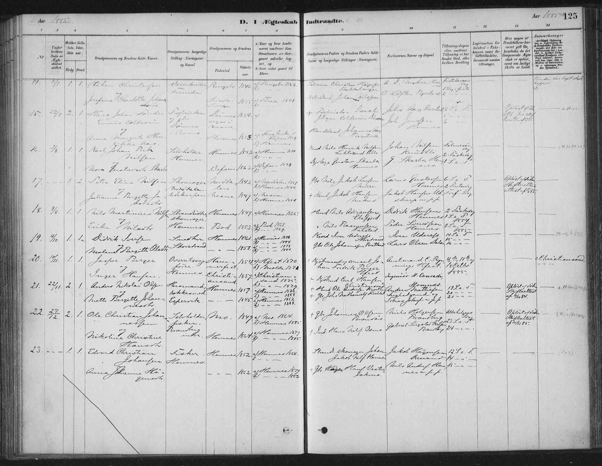 Ministerialprotokoller, klokkerbøker og fødselsregistre - Nordland, AV/SAT-A-1459/825/L0361: Parish register (official) no. 825A15, 1878-1893, p. 125