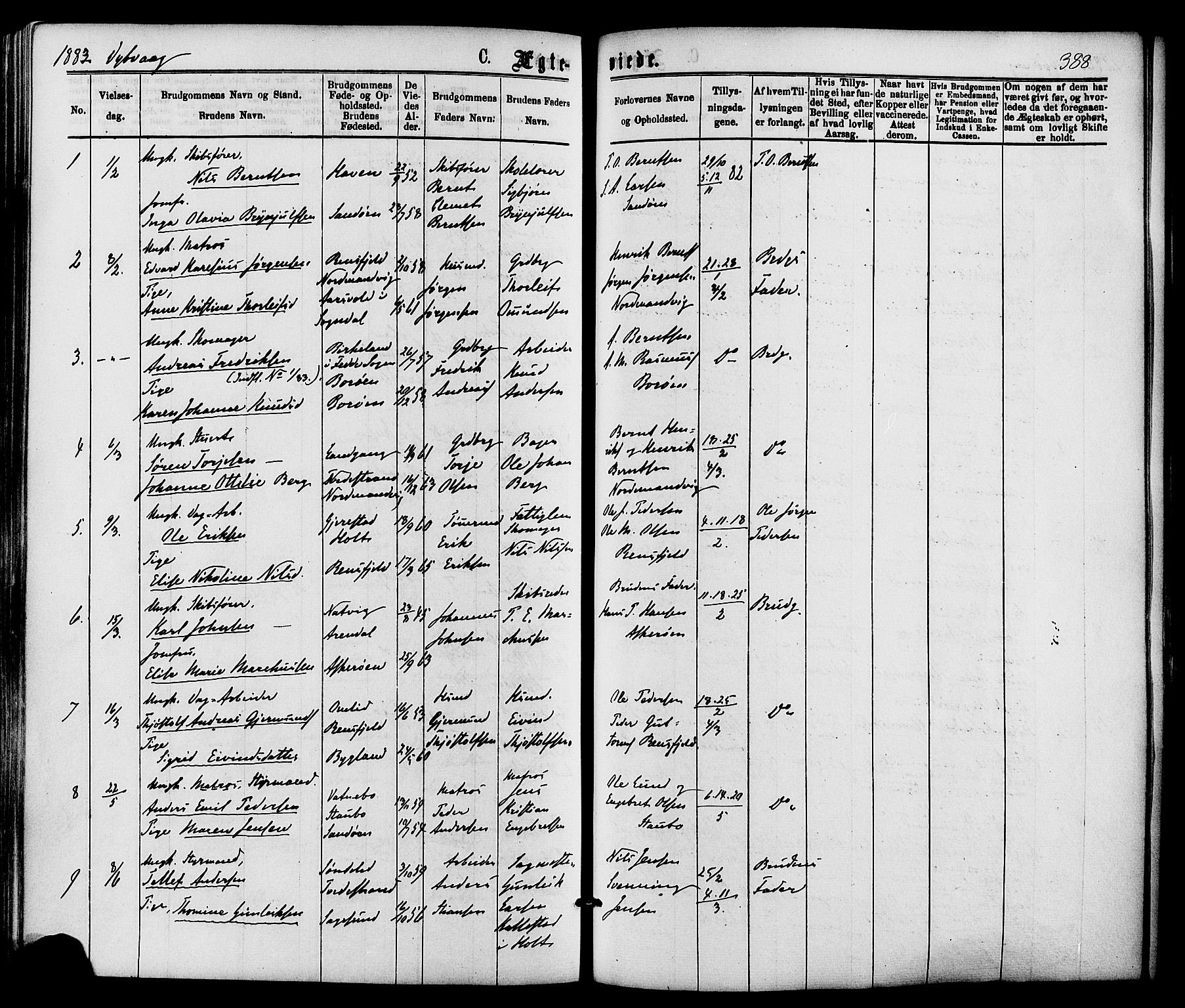 Dypvåg sokneprestkontor, SAK/1111-0007/F/Fa/Faa/L0007: Parish register (official) no. A 7/ 1, 1872-1884, p. 388