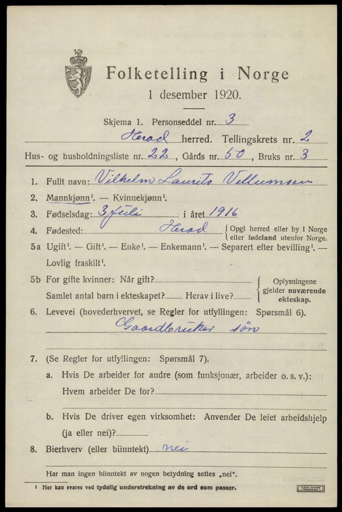 SAK, 1920 census for Herad, 1920, p. 1276
