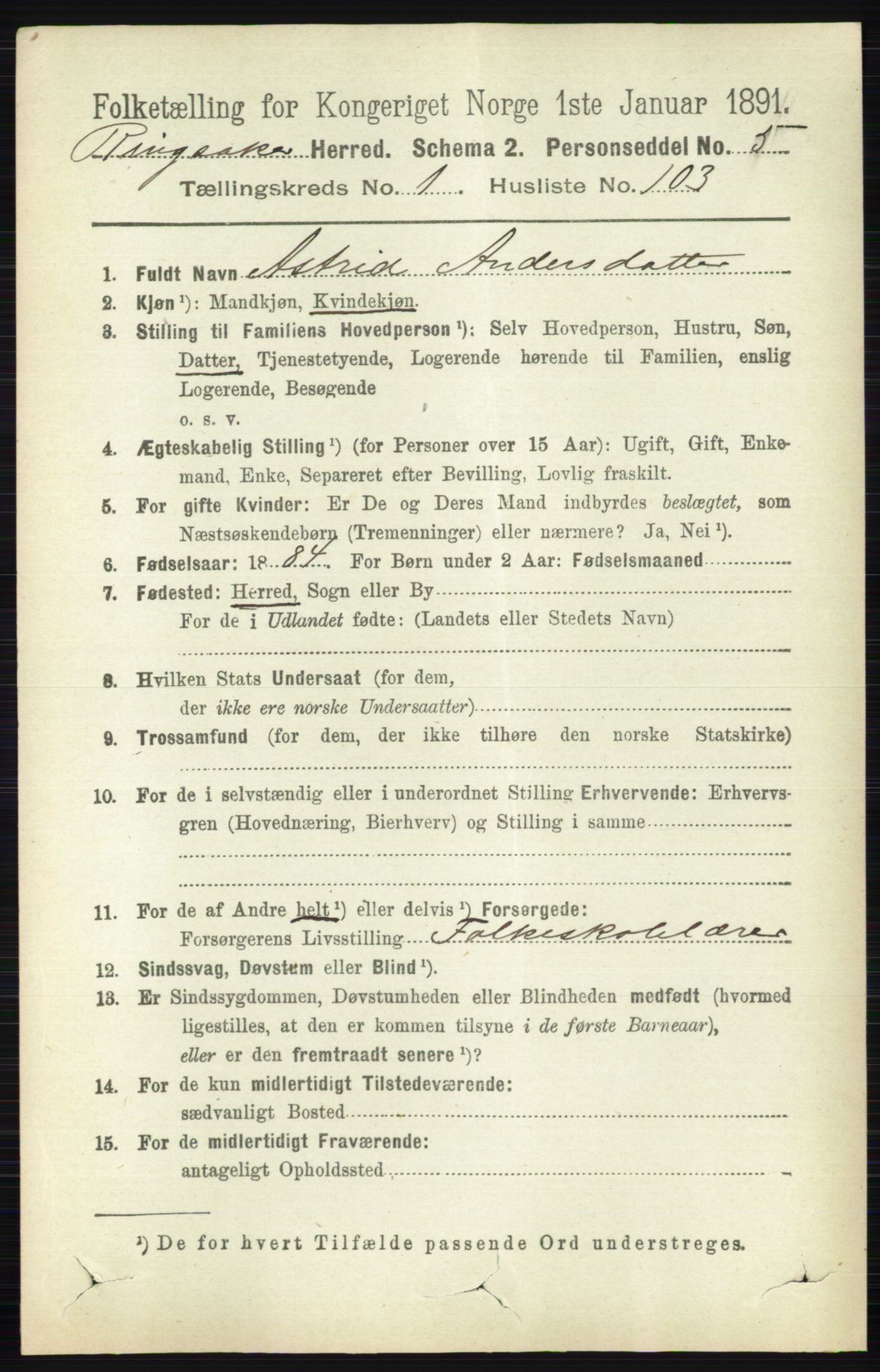 RA, 1891 census for 0412 Ringsaker, 1891, p. 742