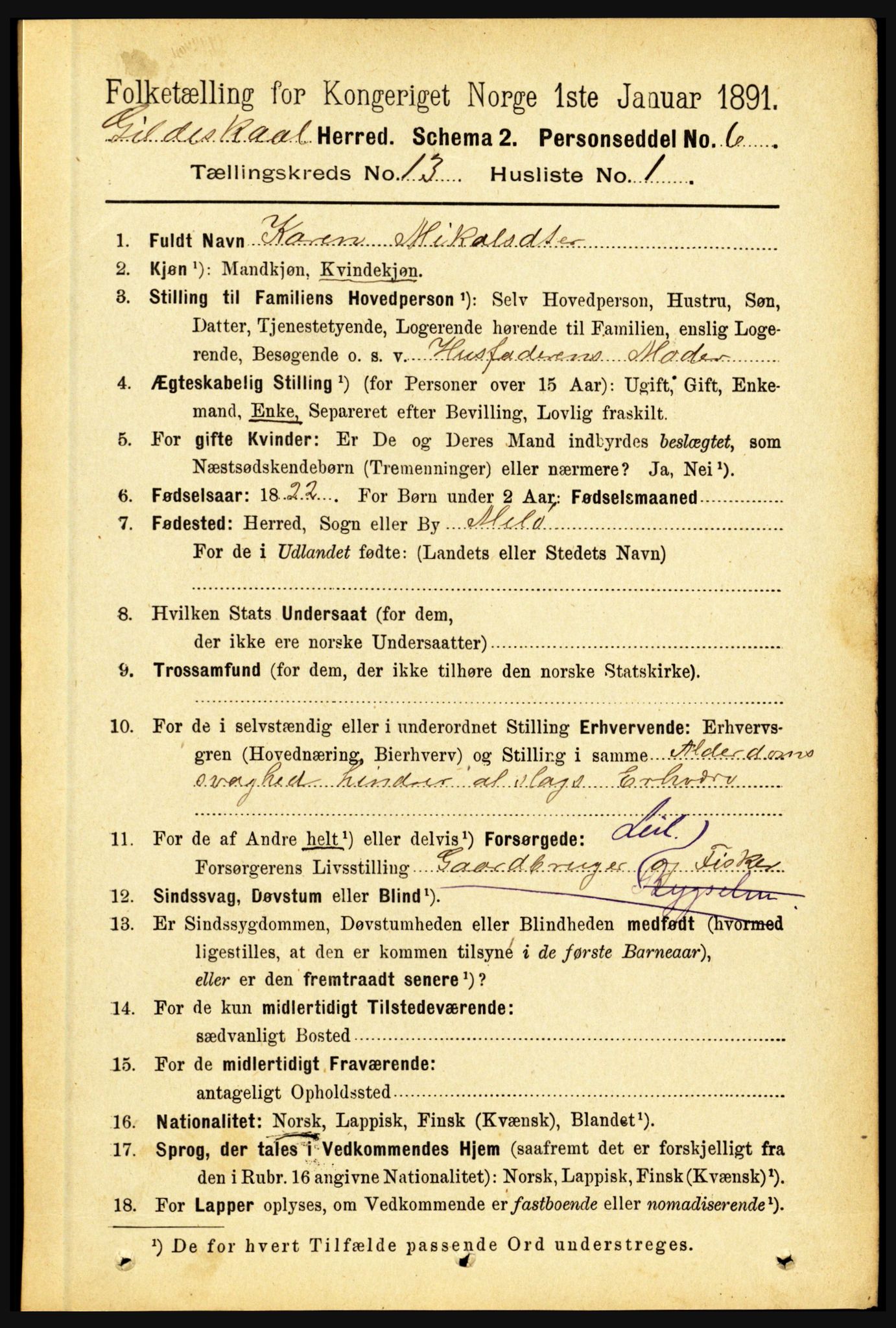 RA, 1891 census for 1838 Gildeskål, 1891, p. 4091