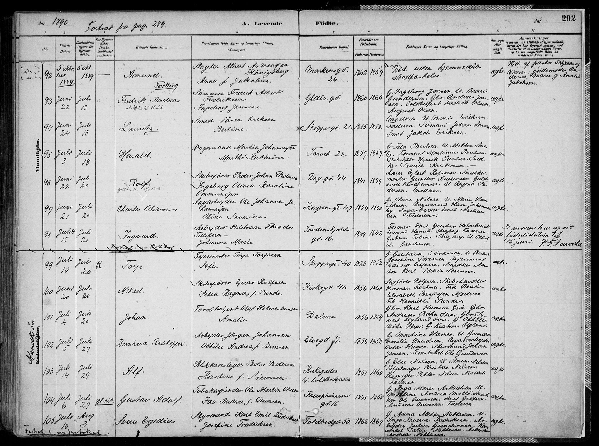Kristiansand domprosti, SAK/1112-0006/F/Fa/L0016: Parish register (official) no. A 16A, 1880-1890, p. 292