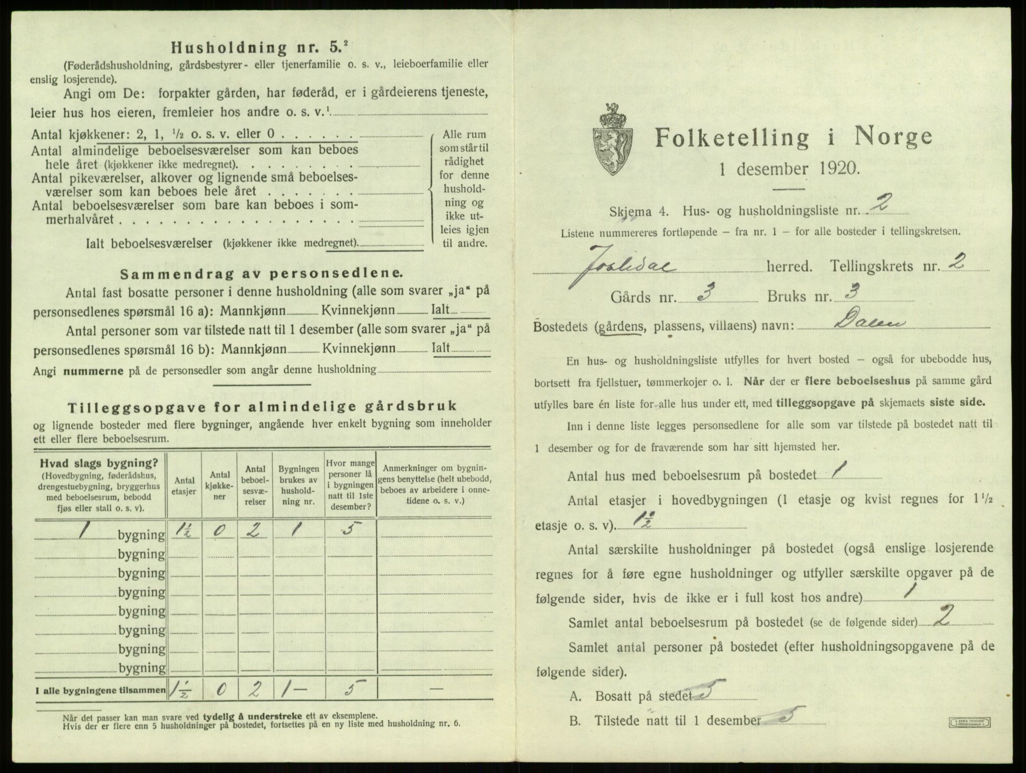 SAB, 1920 census for Jostedal, 1920, p. 59