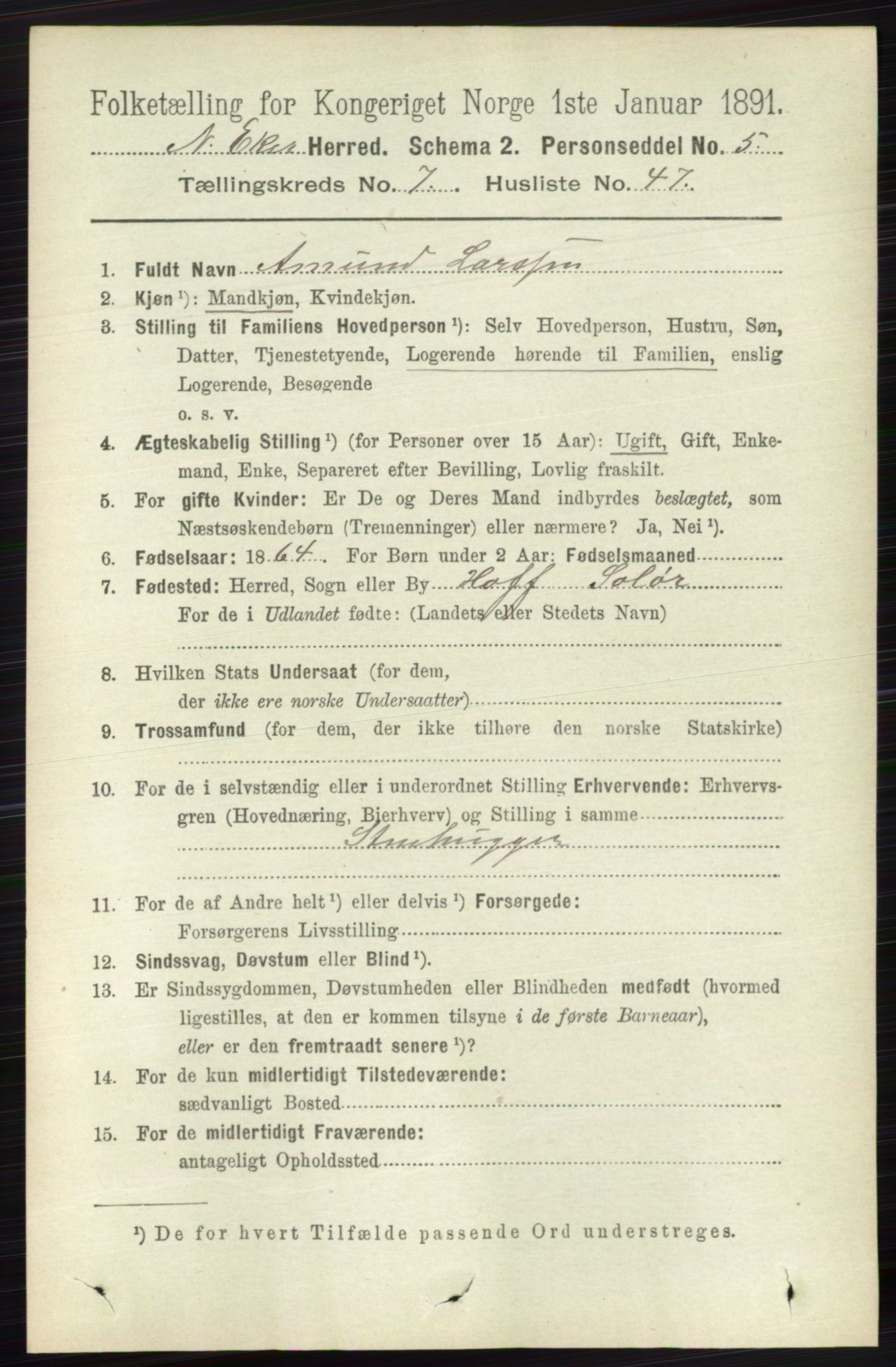 RA, 1891 census for 0625 Nedre Eiker, 1891, p. 3738