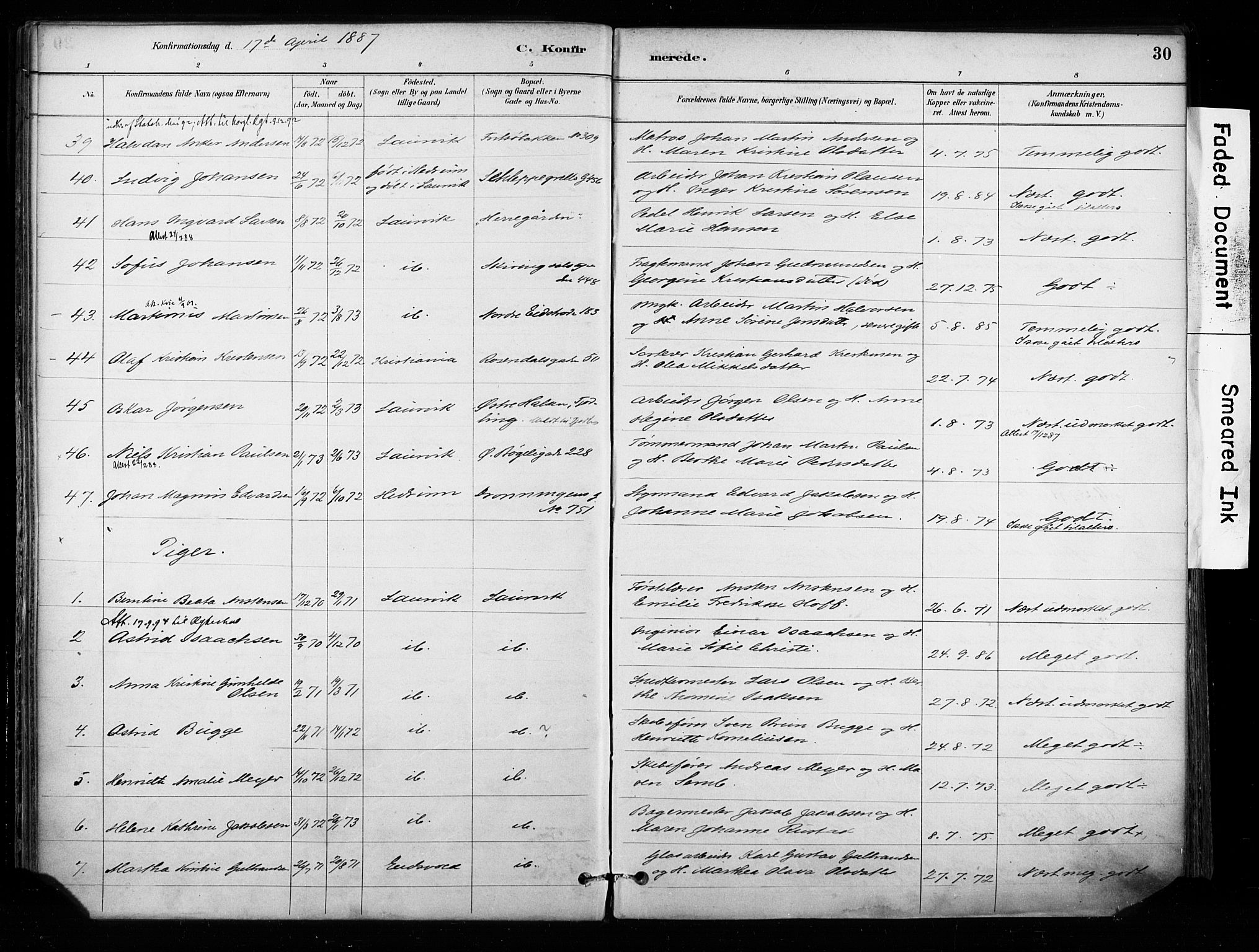 Larvik kirkebøker, AV/SAKO-A-352/F/Fa/L0008: Parish register (official) no. I 8, 1884-1902, p. 30