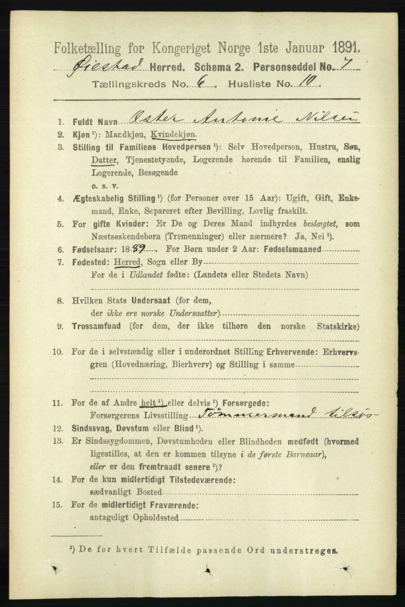 RA, 1891 census for 0920 Øyestad, 1891, p. 2187