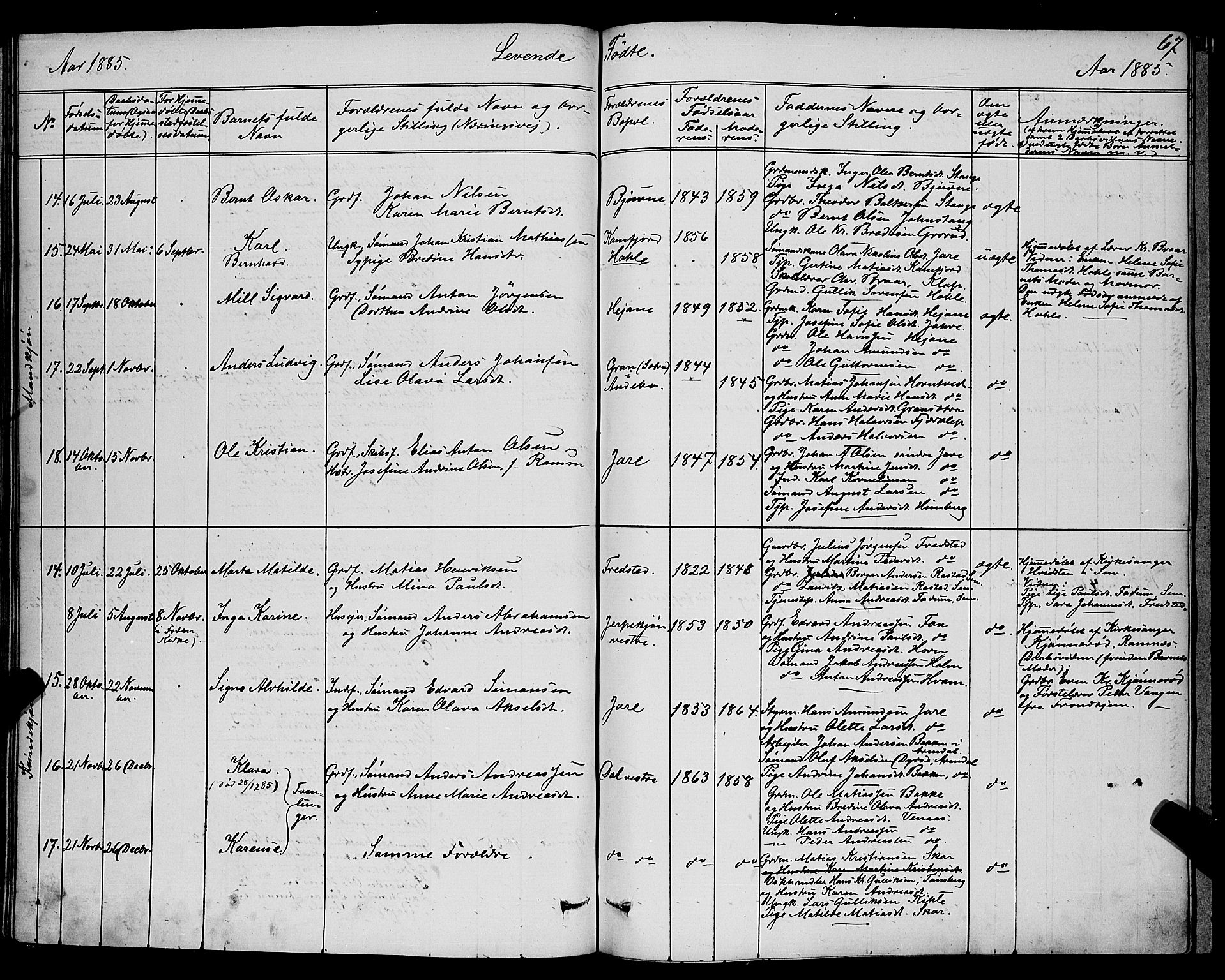 Ramnes kirkebøker, AV/SAKO-A-314/G/Ga/L0003: Parish register (copy) no. I 3, 1870-1896, p. 67