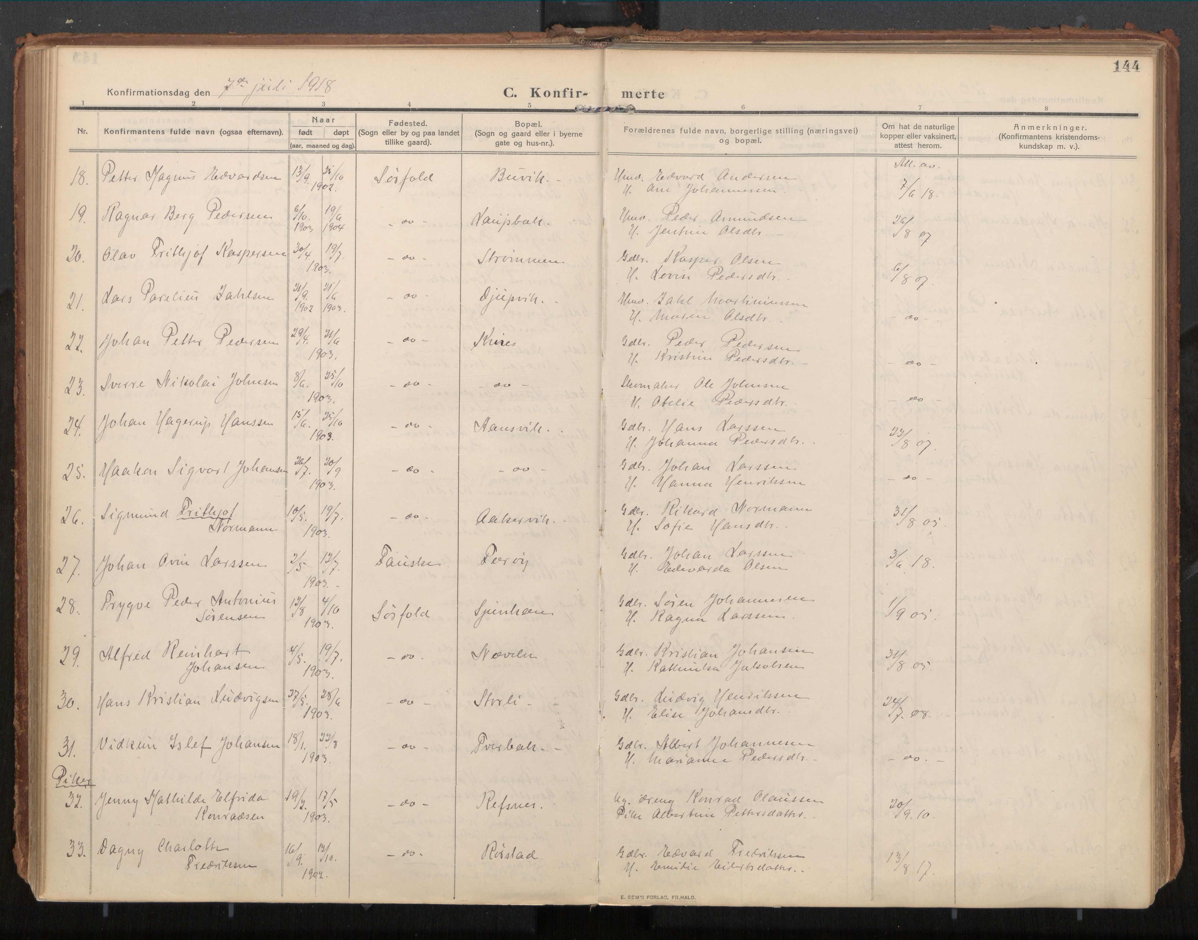 Ministerialprotokoller, klokkerbøker og fødselsregistre - Nordland, AV/SAT-A-1459/854/L0784: Parish register (official) no. 854A07, 1910-1922, p. 144