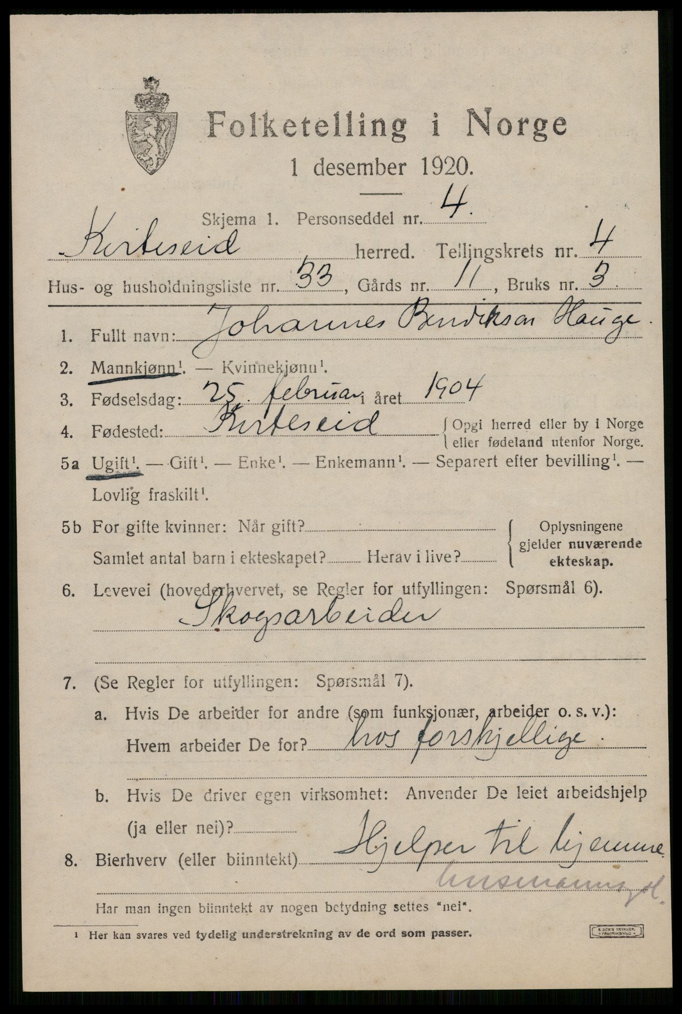 SAKO, 1920 census for Kviteseid, 1920, p. 2387