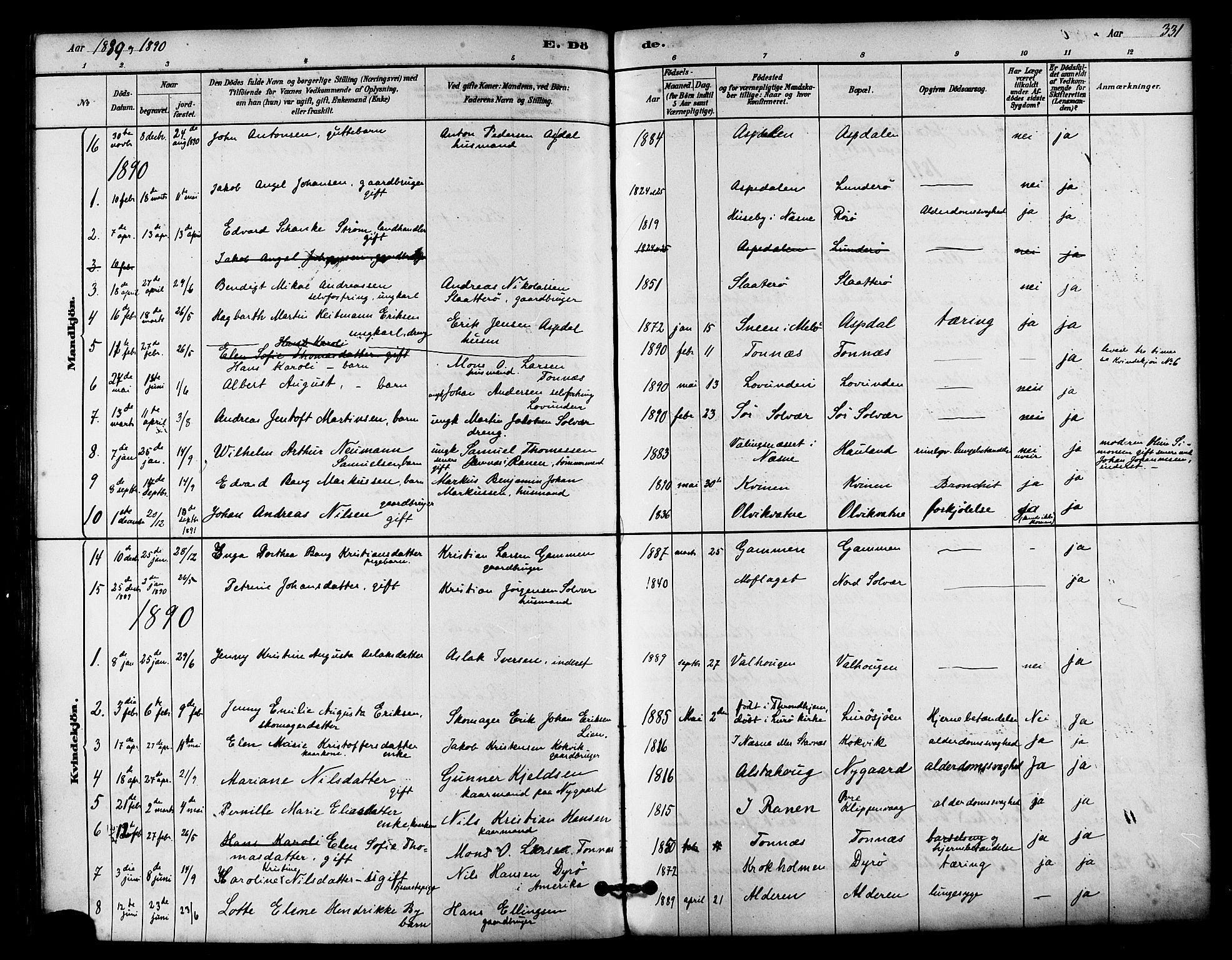 Ministerialprotokoller, klokkerbøker og fødselsregistre - Nordland, SAT/A-1459/839/L0568: Parish register (official) no. 839A05, 1880-1902, p. 331