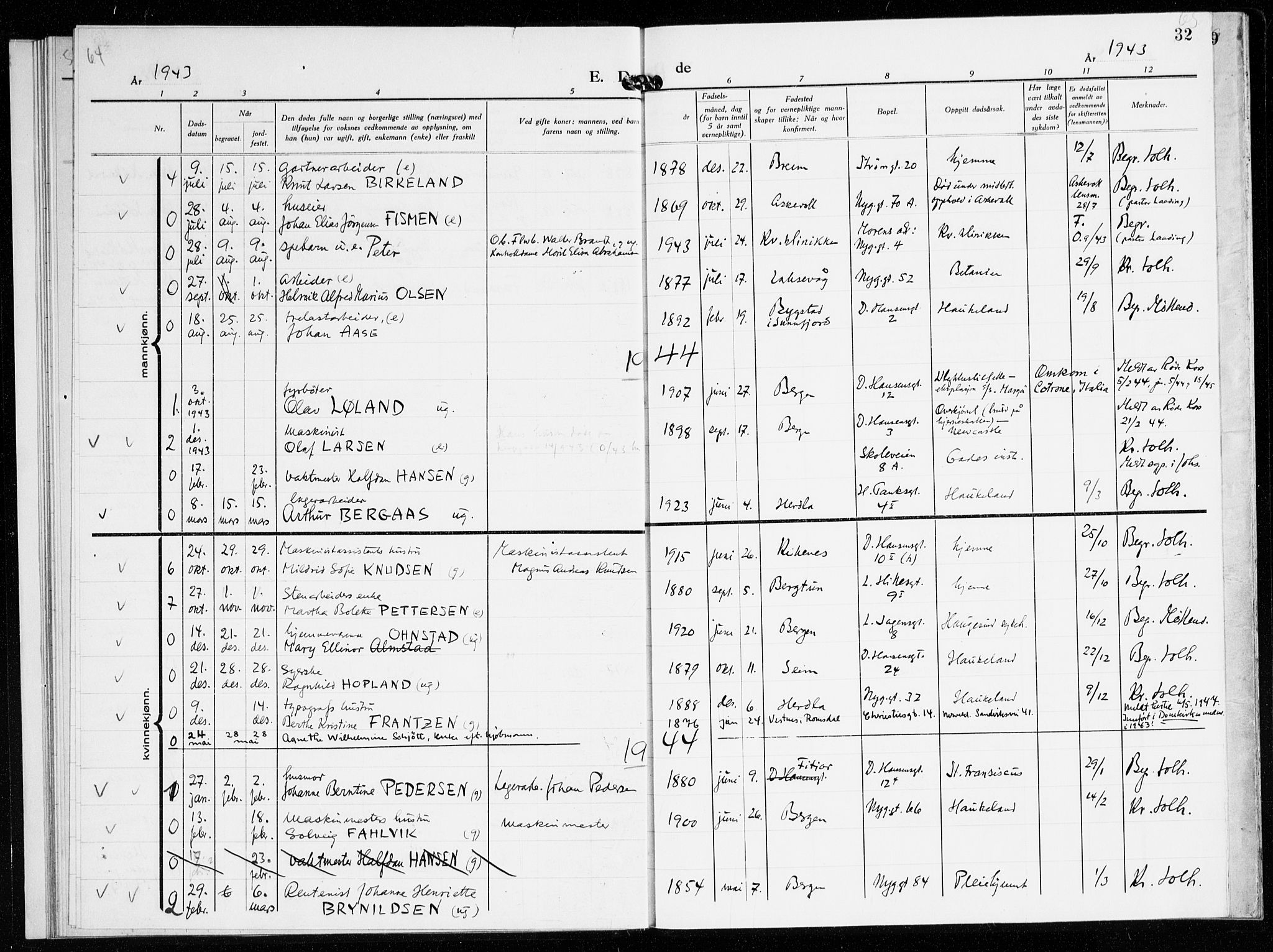 St. Jacob sokneprestembete, AV/SAB-A-78001/H/Haa/L0023: Parish register (official) no. G 1, 1942-1945, p. 32