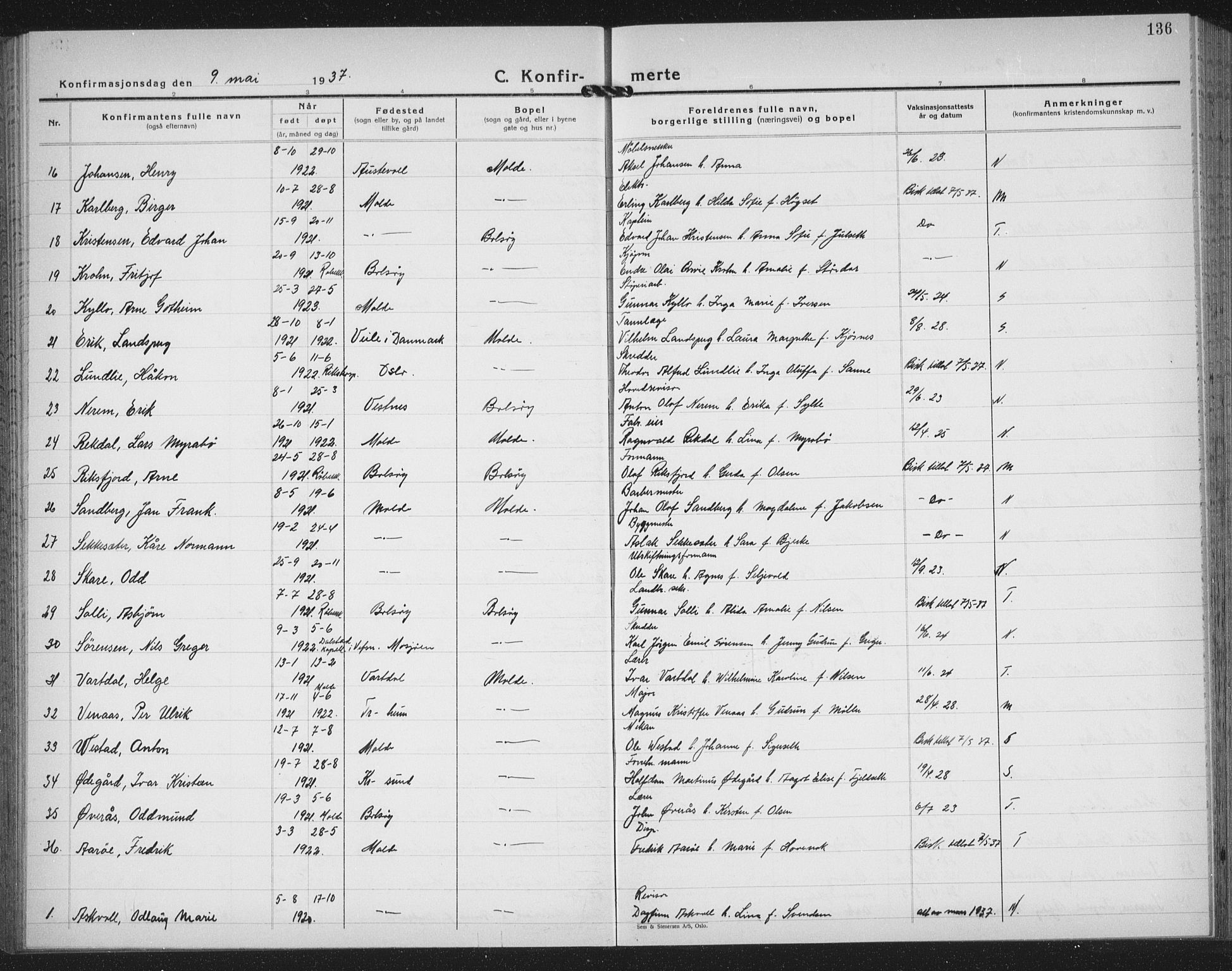 Ministerialprotokoller, klokkerbøker og fødselsregistre - Møre og Romsdal, AV/SAT-A-1454/558/L0704: Parish register (copy) no. 558C05, 1921-1942, p. 136