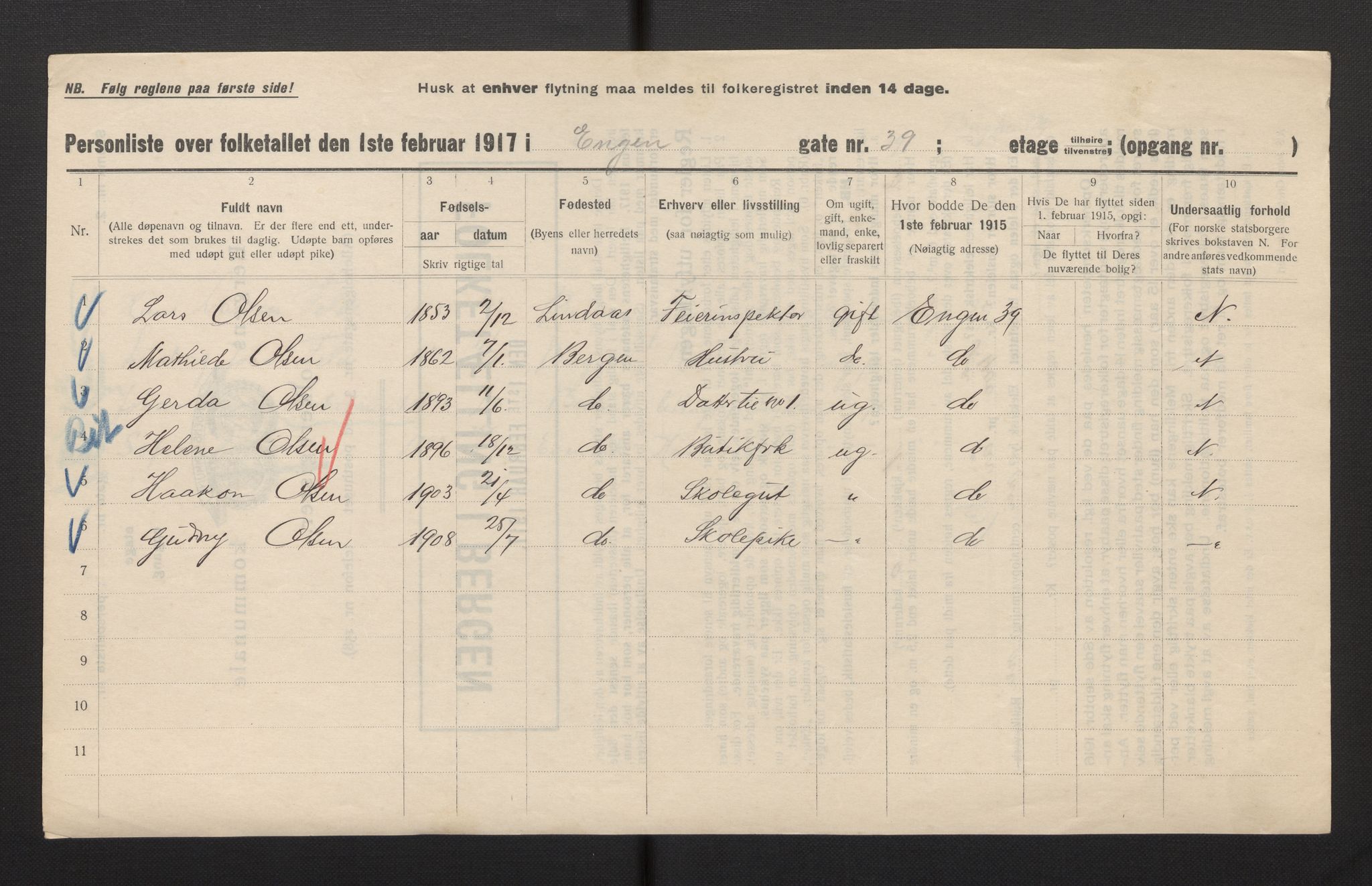 SAB, Municipal Census 1917 for Bergen, 1917, p. 6797