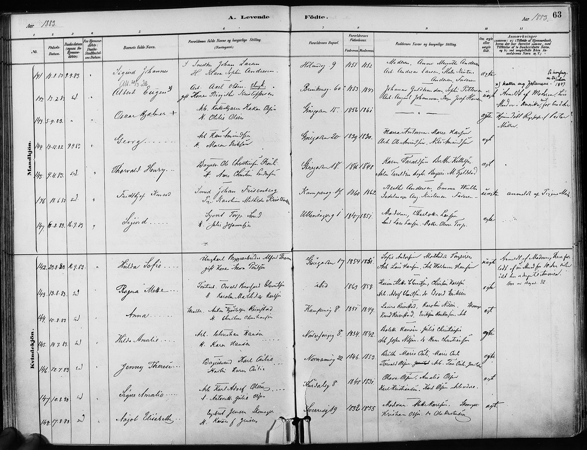 Kampen prestekontor Kirkebøker, AV/SAO-A-10853/F/Fa/L0001: Parish register (official) no. I 1, 1880-1886, p. 63