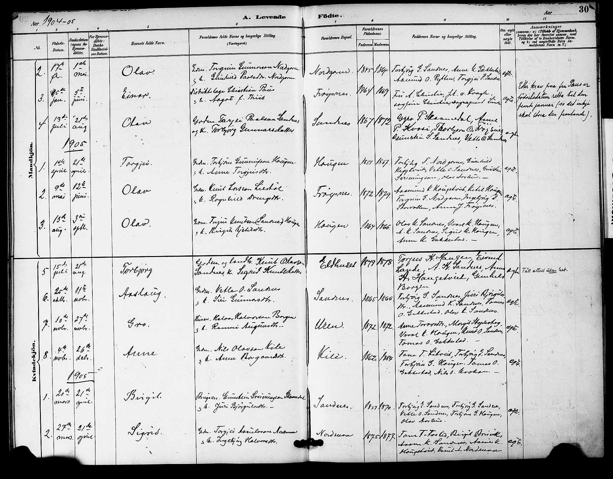 Bygland sokneprestkontor, AV/SAK-1111-0006/F/Fa/Fac/L0001: Parish register (official) no. A 1, 1885-1909, p. 30
