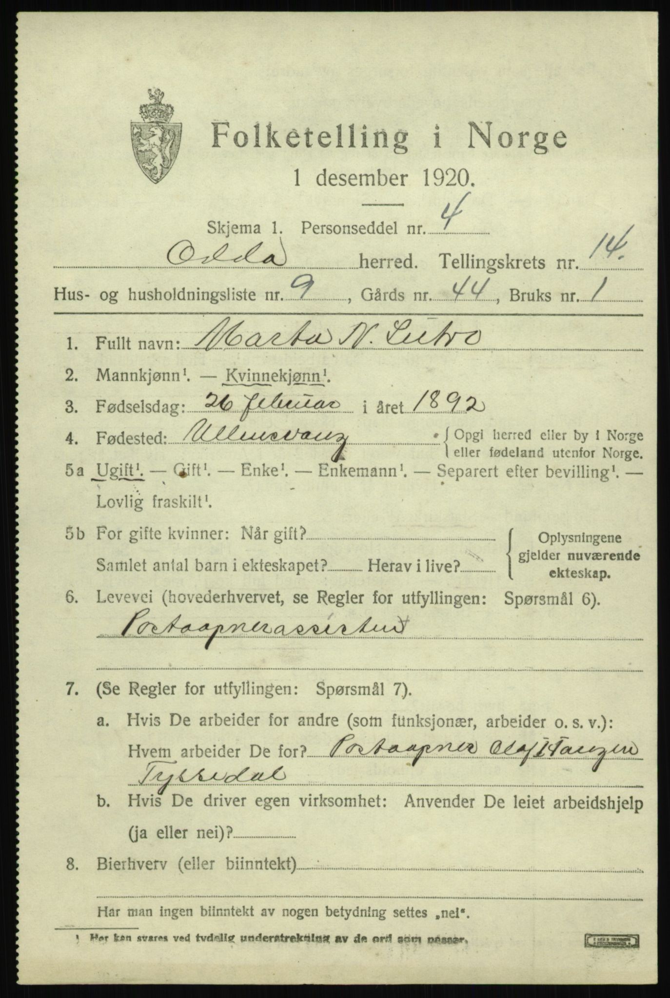 SAB, 1920 census for Odda, 1920, p. 12103