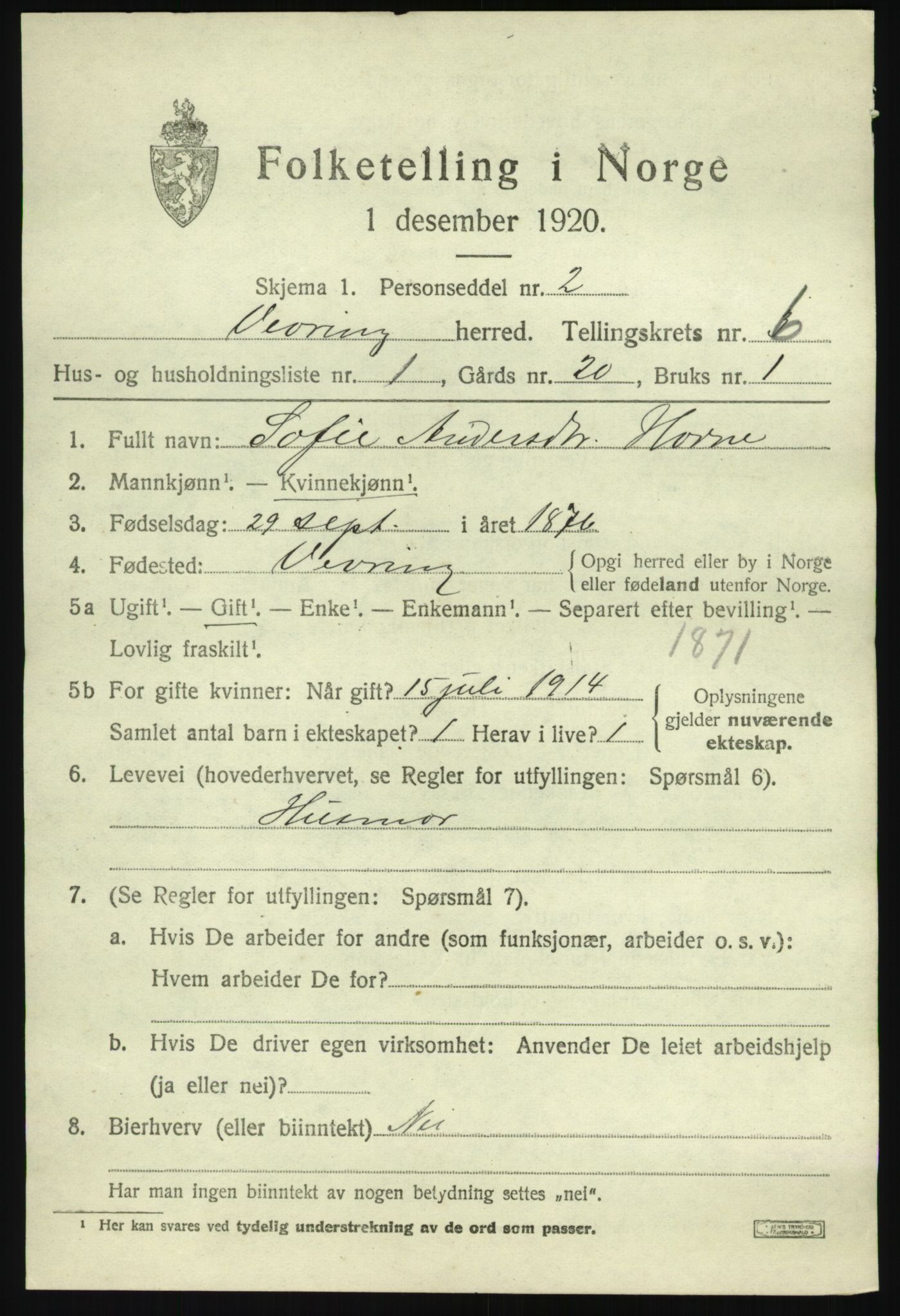 SAB, 1920 census for Vevring, 1920, p. 1546