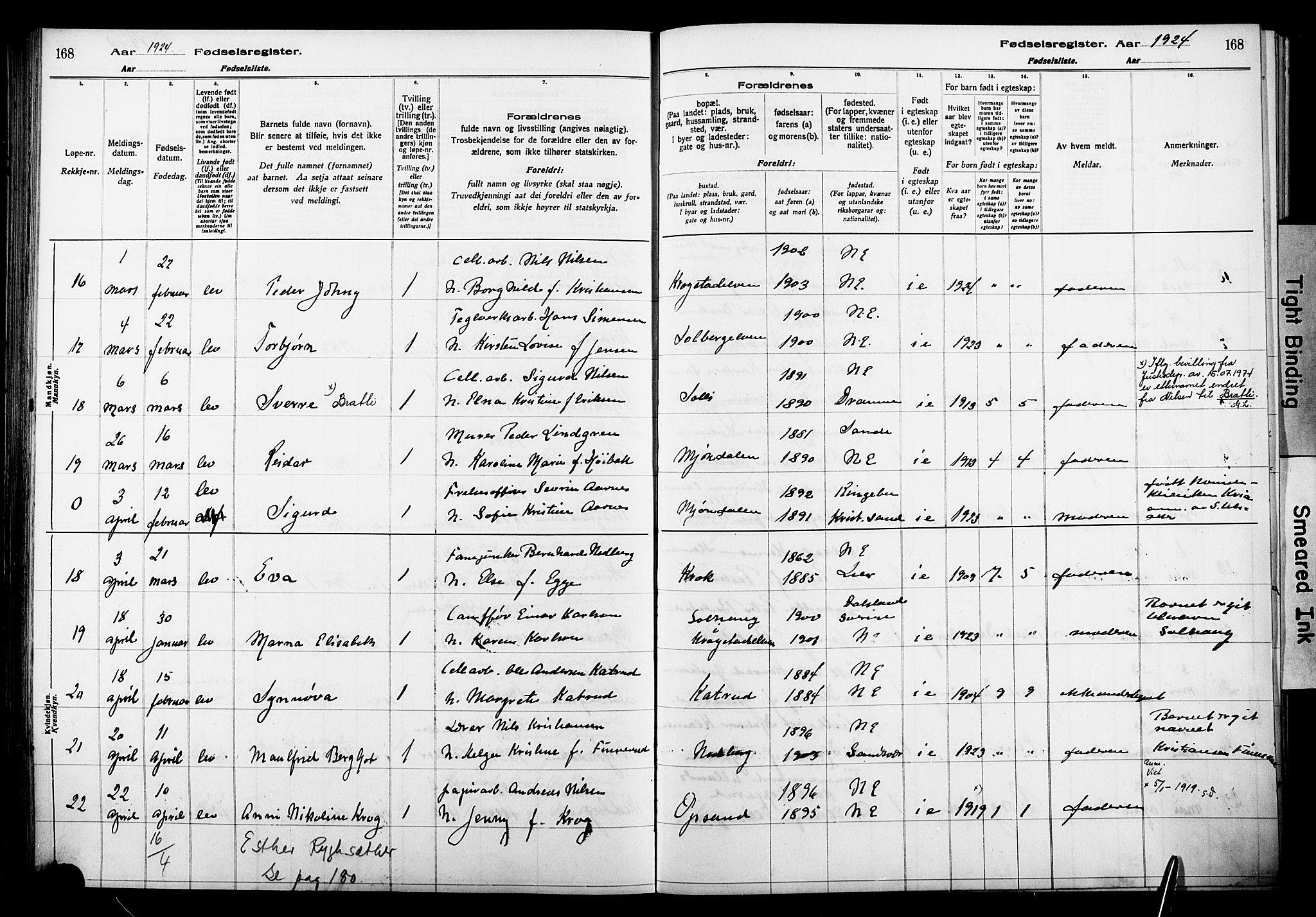 Nedre Eiker kirkebøker, AV/SAKO-A-612/J/Ja/L0001: Birth register no. 1, 1916-1925, p. 168