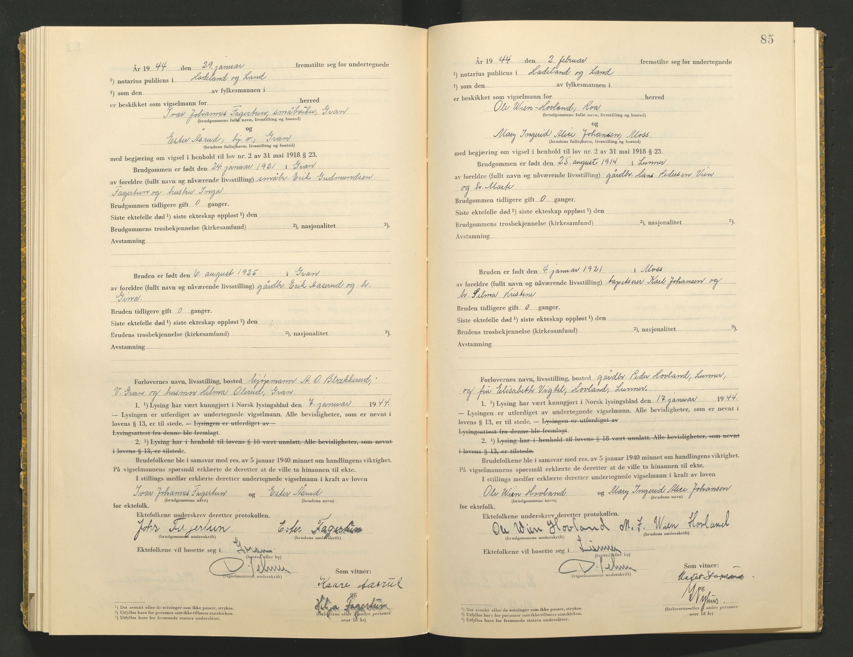 Hadeland og Land tingrett, AV/SAH-TING-010/L/Lb/L0002: Vigselbok, 1943-1944, p. 85