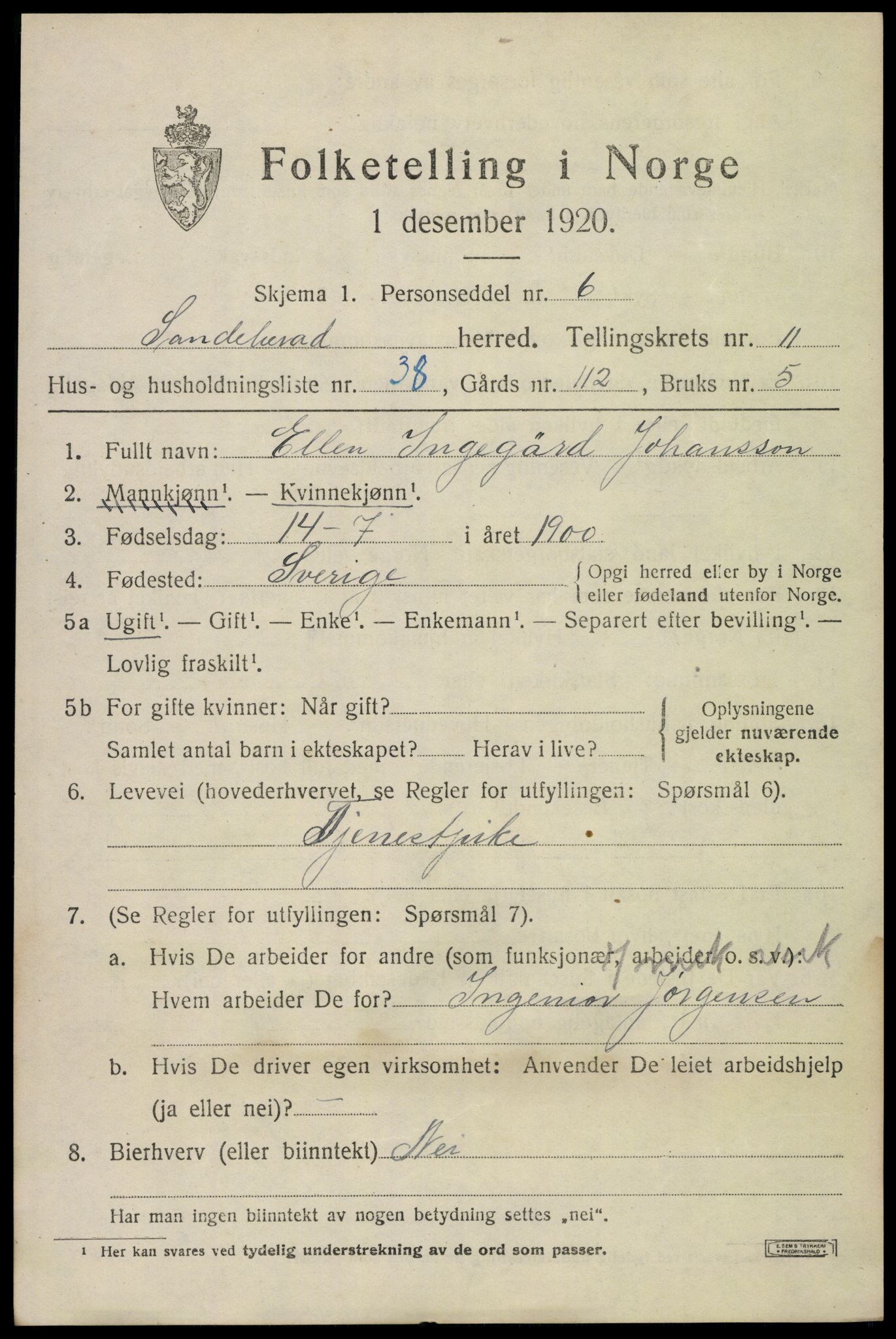 SAKO, 1920 census for Sandeherred, 1920, p. 16146