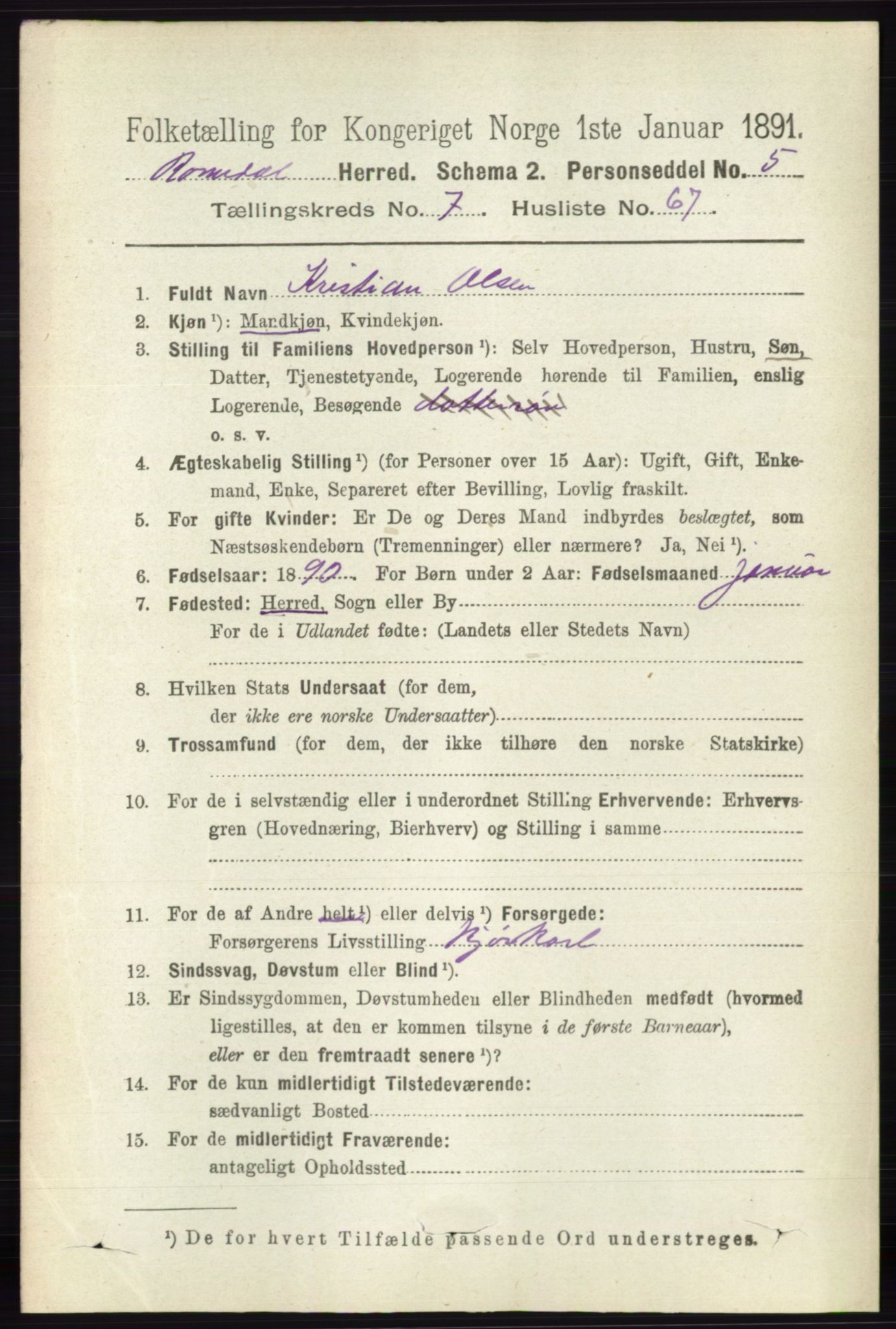 RA, 1891 census for 0416 Romedal, 1891, p. 3885