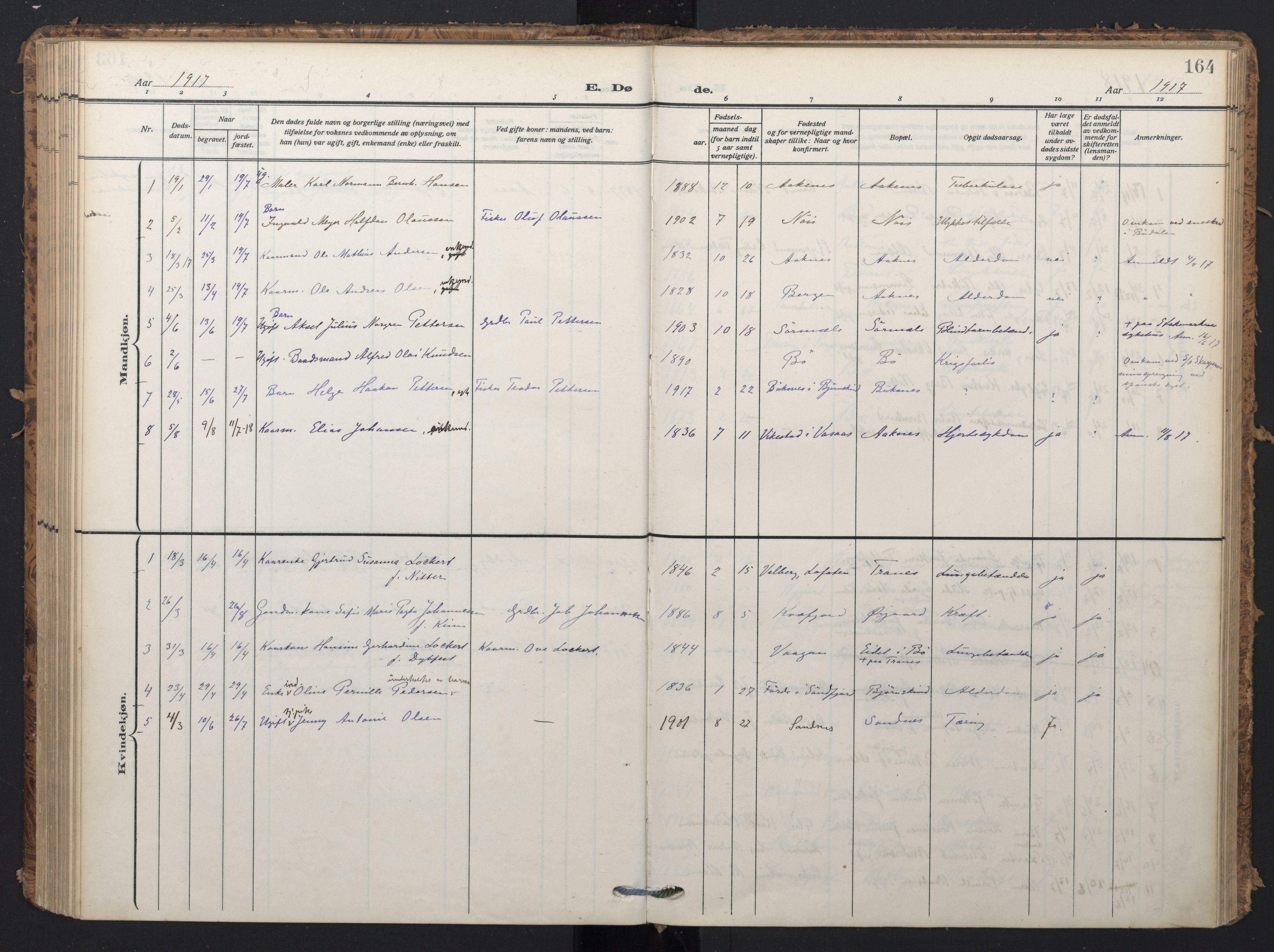 Ministerialprotokoller, klokkerbøker og fødselsregistre - Nordland, SAT/A-1459/898/L1423: Parish register (official) no. 898A03, 1909-1928, p. 164