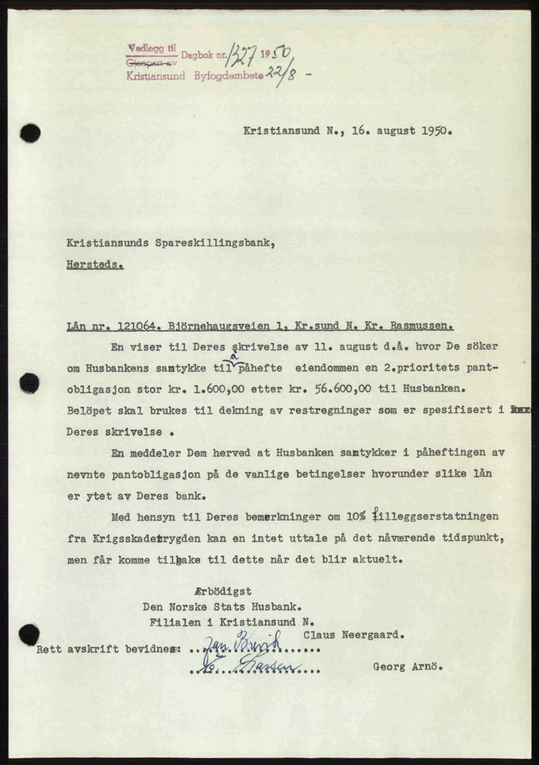 Kristiansund byfogd, AV/SAT-A-4587/A/27: Mortgage book no. 50, 1950-1950, Diary no: : 1327/1950