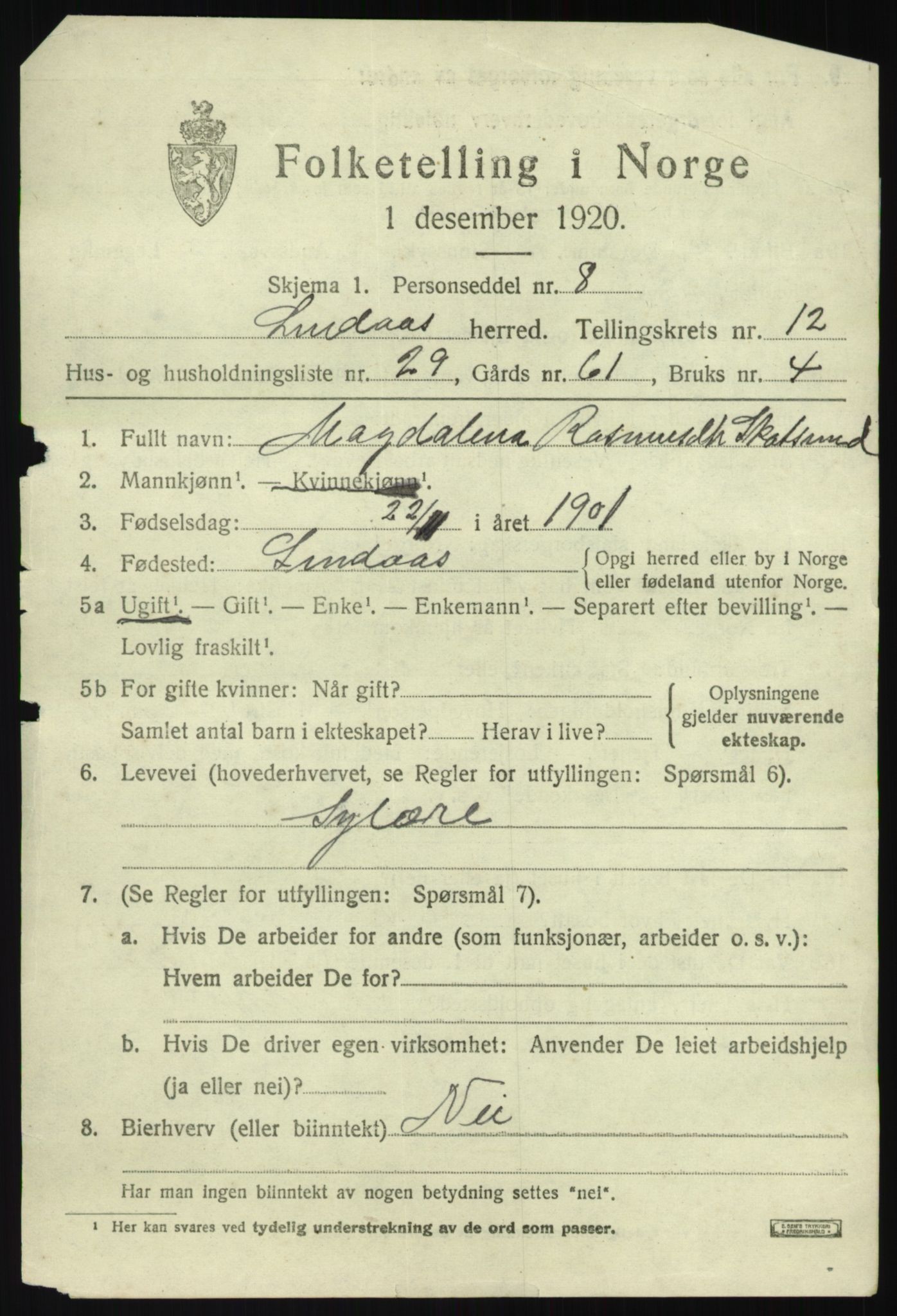 SAB, 1920 census for Lindås, 1920, p. 6303