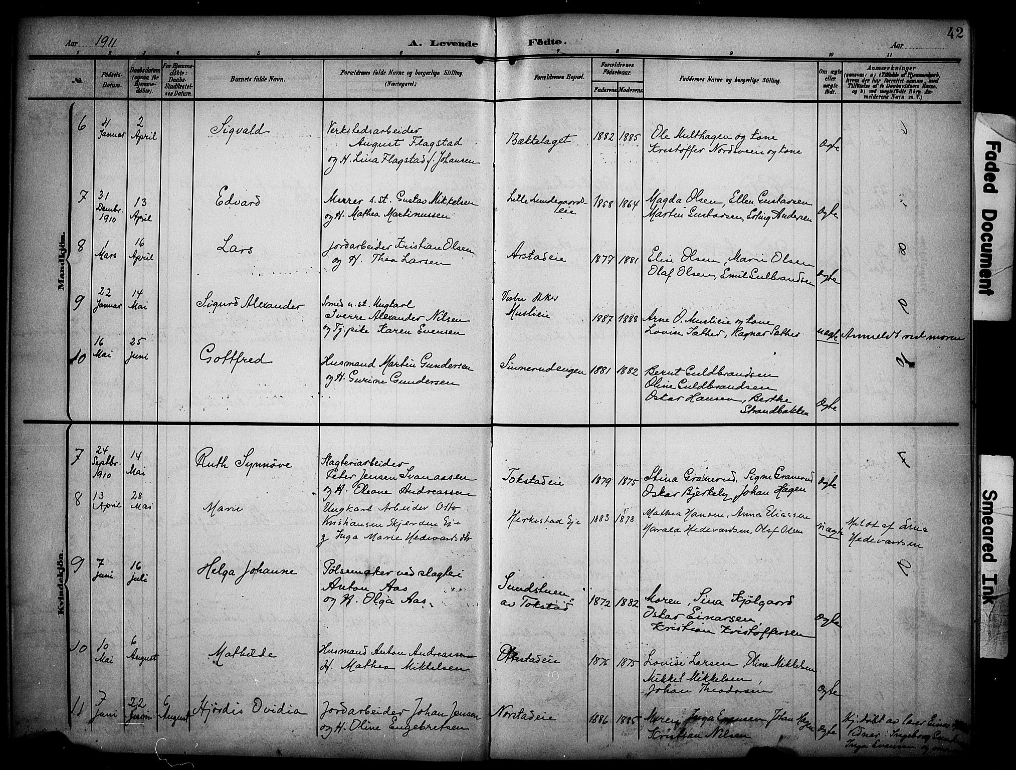 Stange prestekontor, AV/SAH-PREST-002/K/L0022: Parish register (official) no. 22, 1903-1914, p. 42