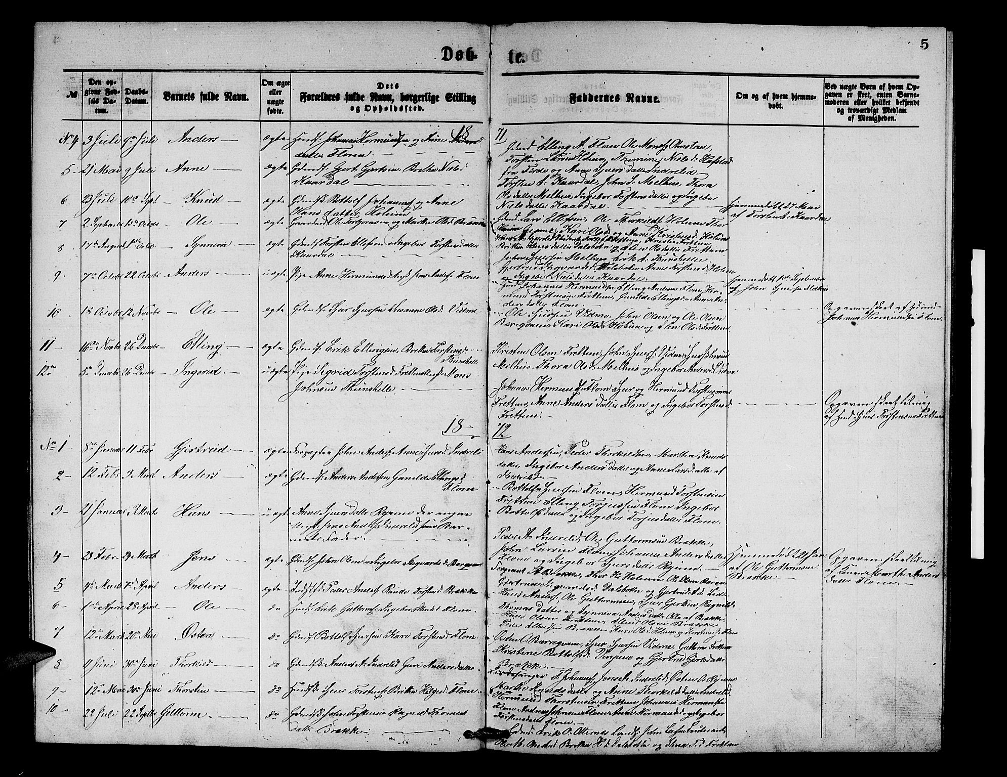 Aurland sokneprestembete, SAB/A-99937/H/Hb/Hbb/L0001: Parish register (copy) no. B 1, 1868-1887, p. 5