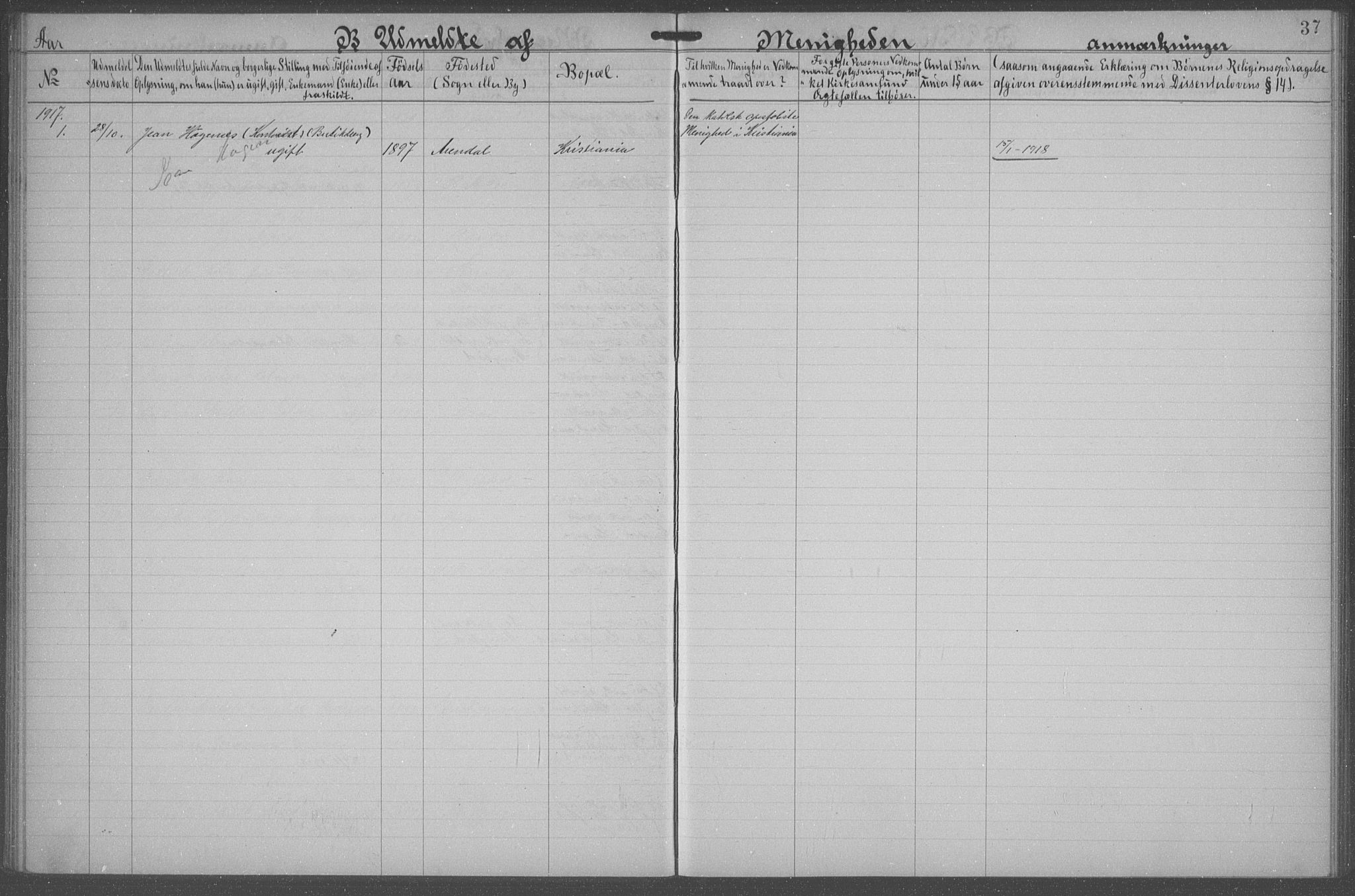 Den katolsk-apostoliske menighet, Arendal, AV/SAK-1292-0009/F/Fa/L0002: Dissenter register no. F 9, 1900-1938, p. 37