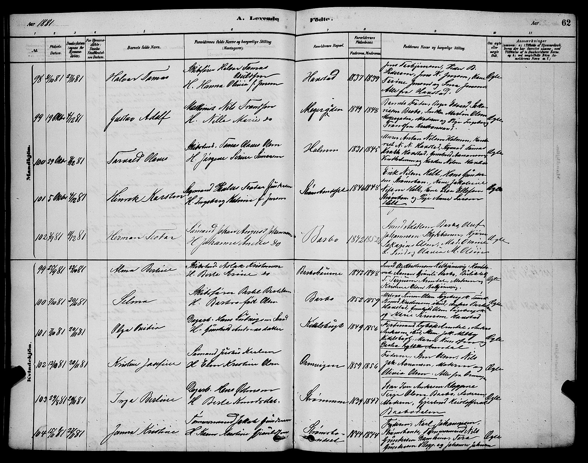 Barbu sokneprestkontor, AV/SAK-1111-0003/F/Fb/L0001: Parish register (copy) no. B 1, 1878-1890, p. 62