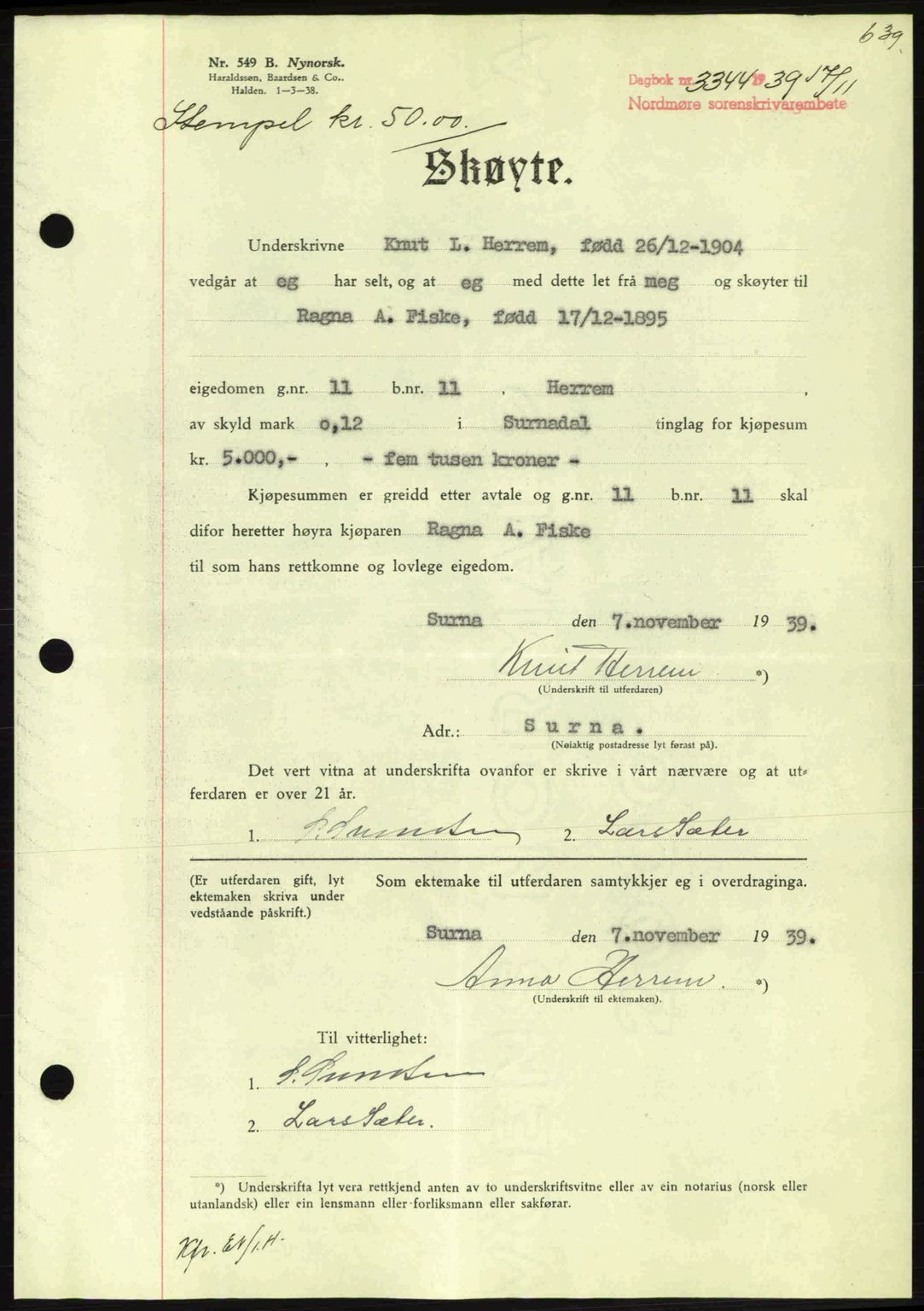 Nordmøre sorenskriveri, AV/SAT-A-4132/1/2/2Ca: Mortgage book no. A87, 1939-1940, Diary no: : 3344/1939