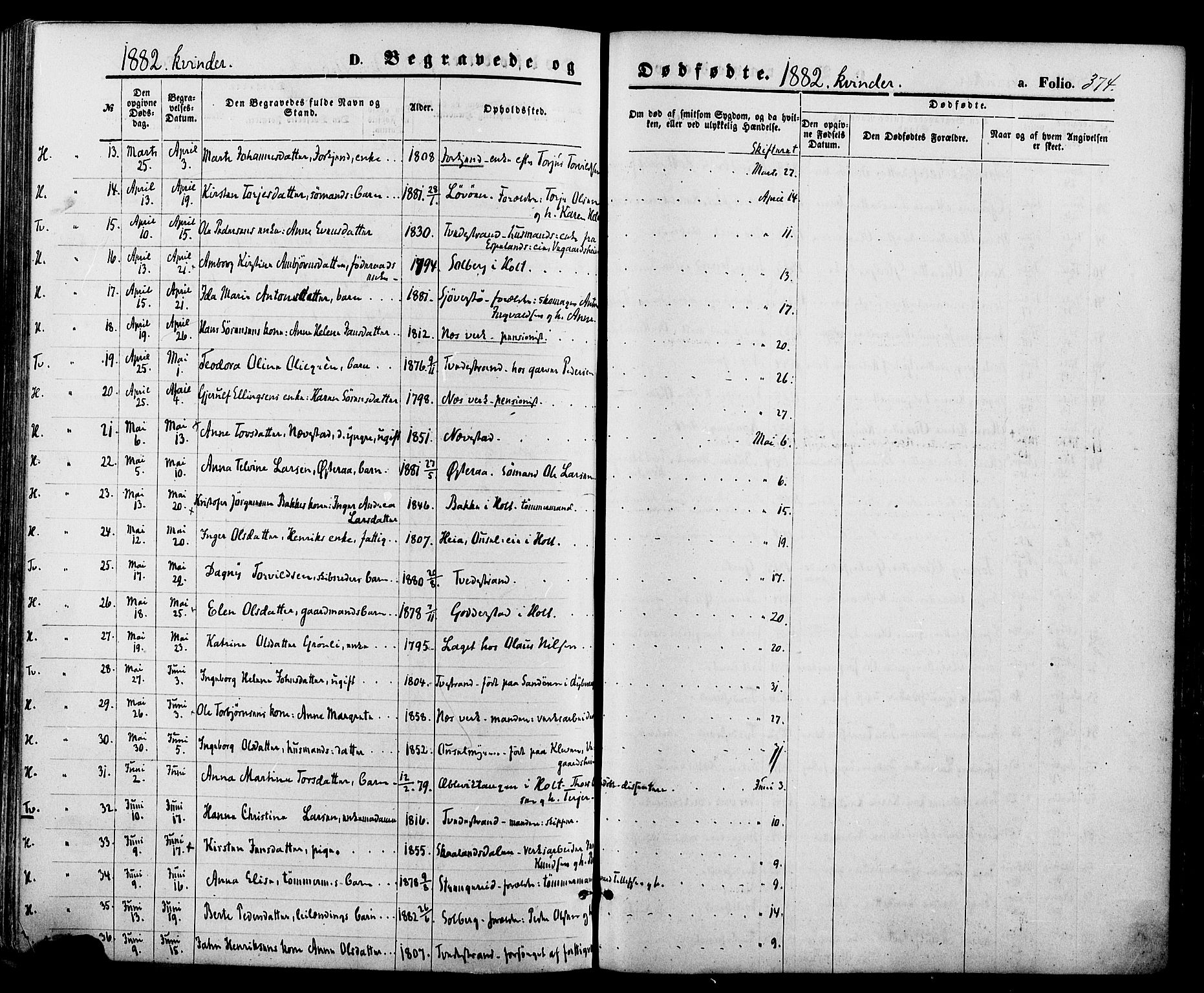 Holt sokneprestkontor, AV/SAK-1111-0021/F/Fa/L0010: Parish register (official) no. A 10, 1872-1885, p. 374